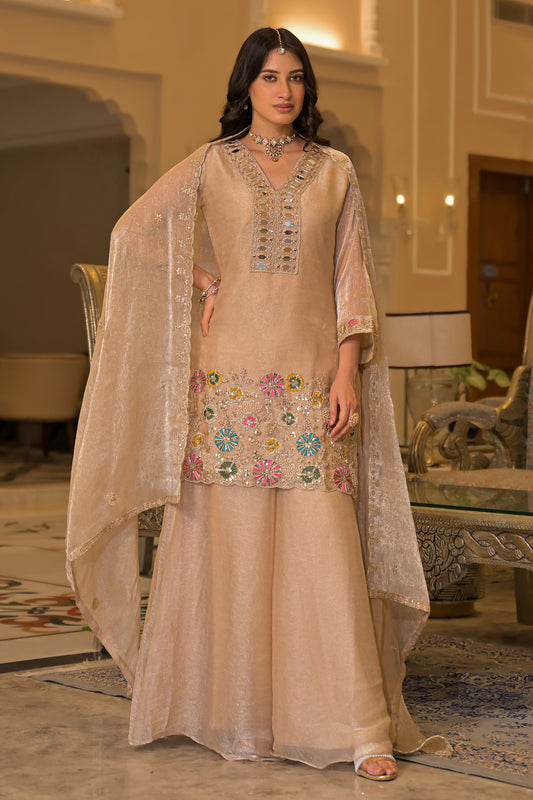 Beige Readymade Embroidered Crush Satin Palazzo Suit-SAR13232_1_SareeButa.com