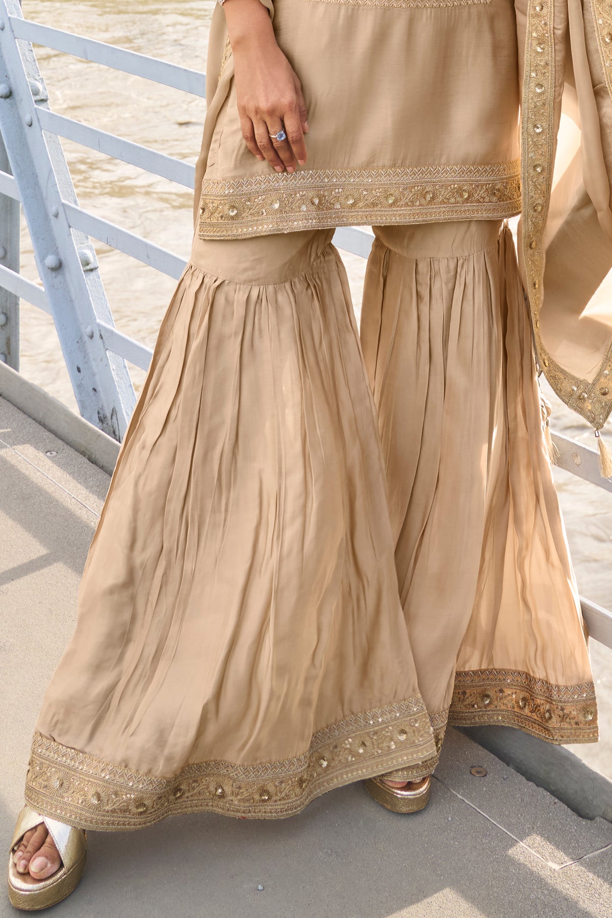 Beige Readymade Embroidered Silk Sharara Suit-SAR13390_4_SareeButa.com