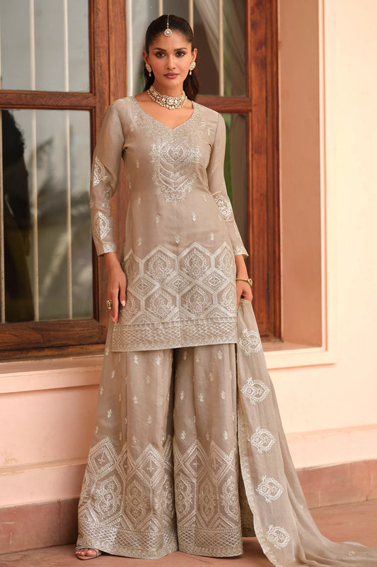 Beige Readymade Embroidered Silk Suit-SAR11061_1_SareeButa.com