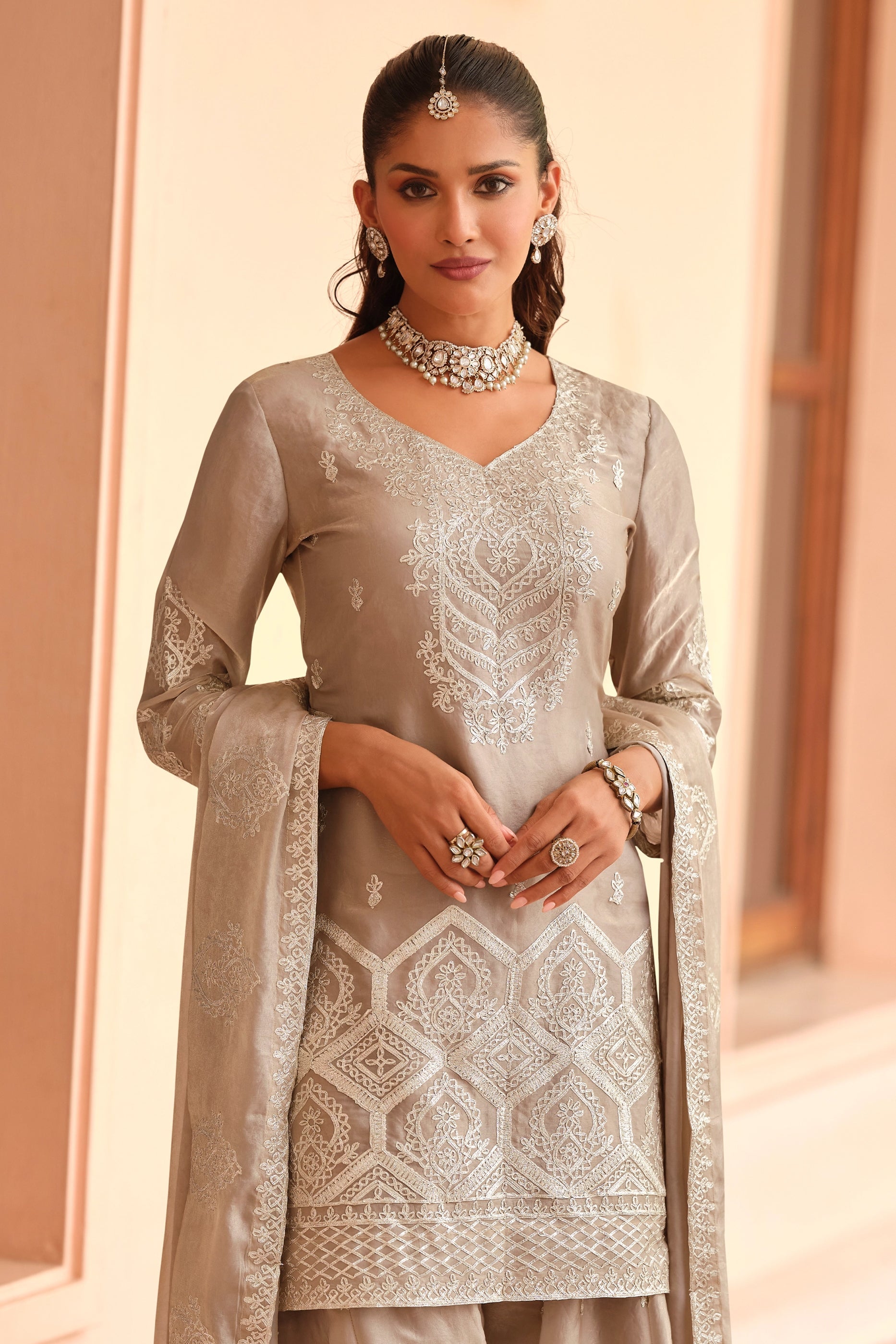 Beige Readymade Embroidered Silk Suit-SAR11061_2_SareeButa.com