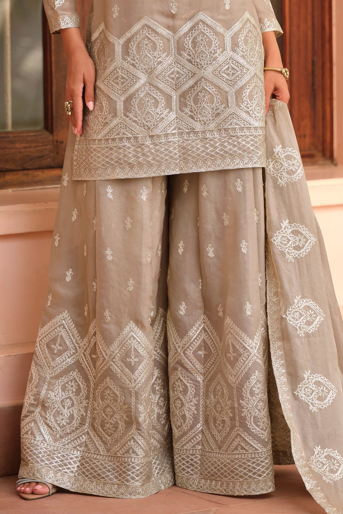 Beige Readymade Embroidered Silk Suit-SAR11061_4_SareeButa.com
