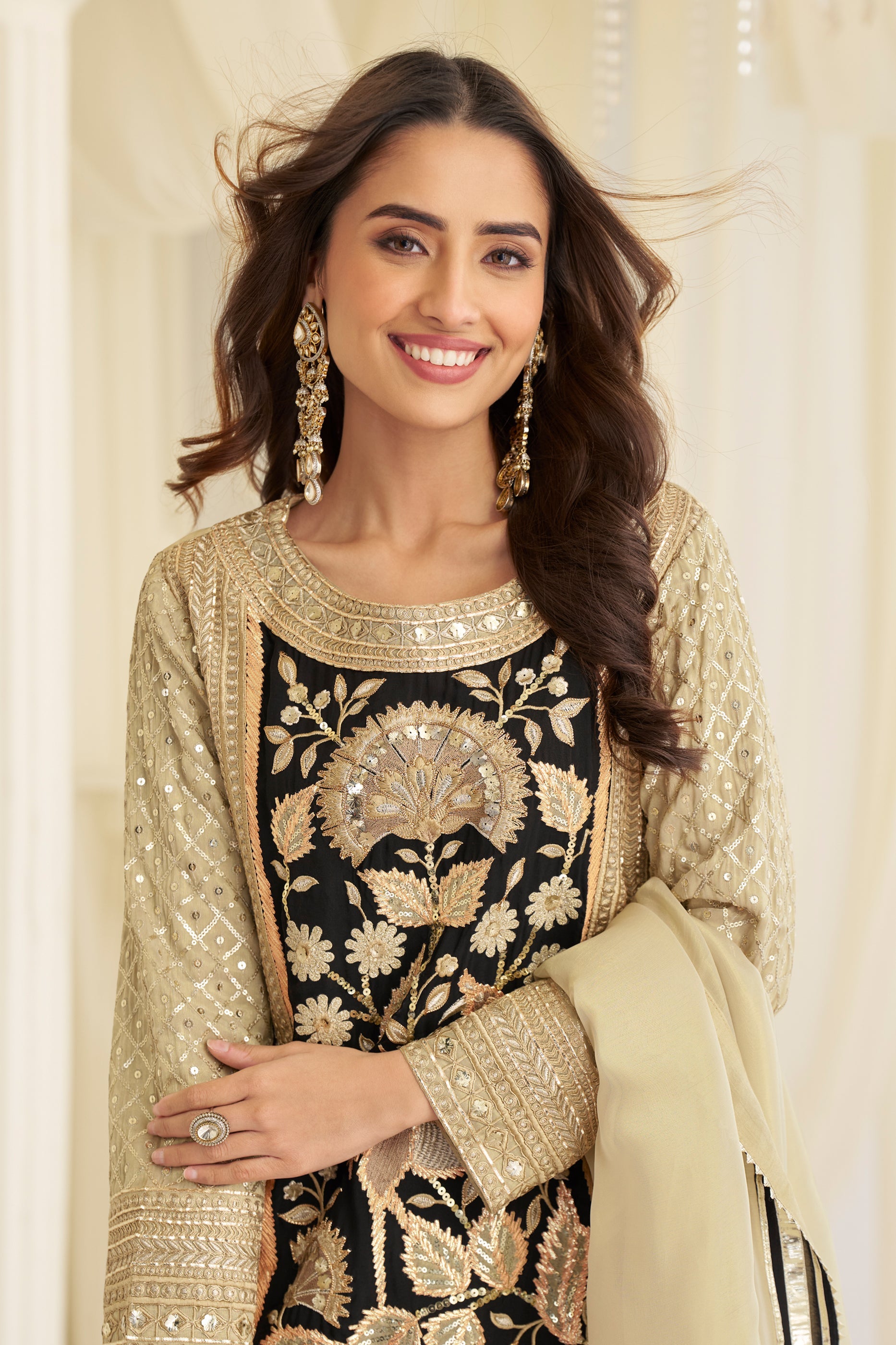 Beige Readymade Embroidered Simar Silk Suit-SAR11624_3_SareeButa.com