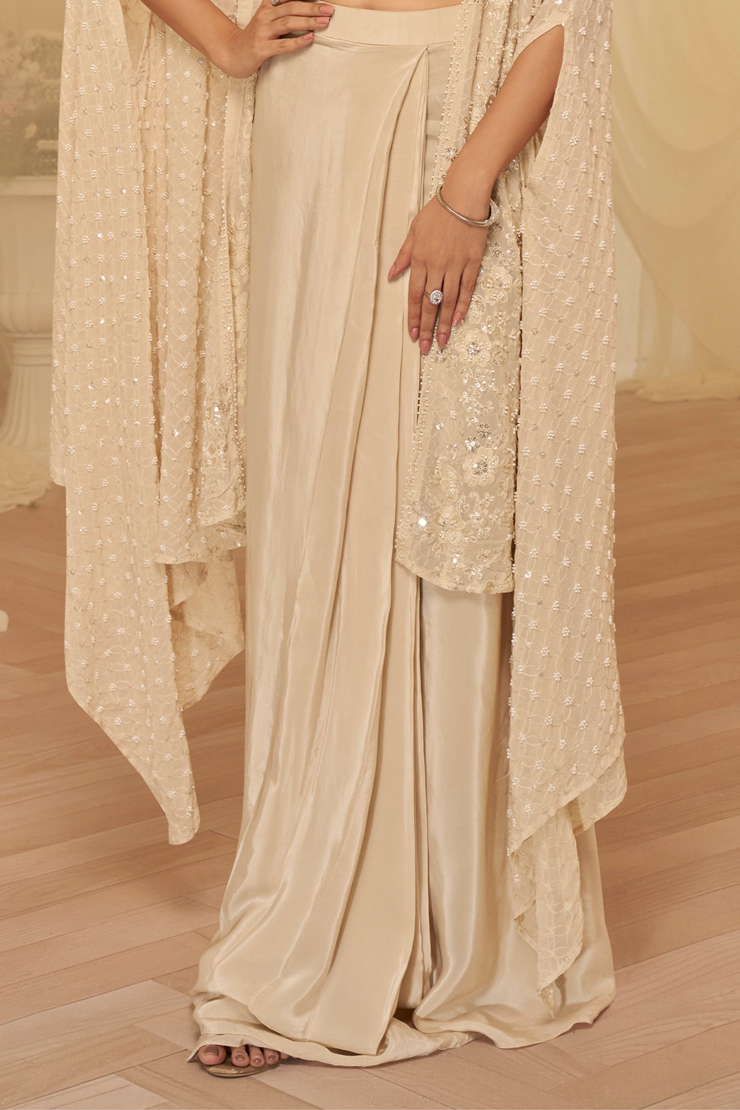 Beige Readymade Georgette Palazzo Set With Shrug-SAR11728_5_SareeButa.com