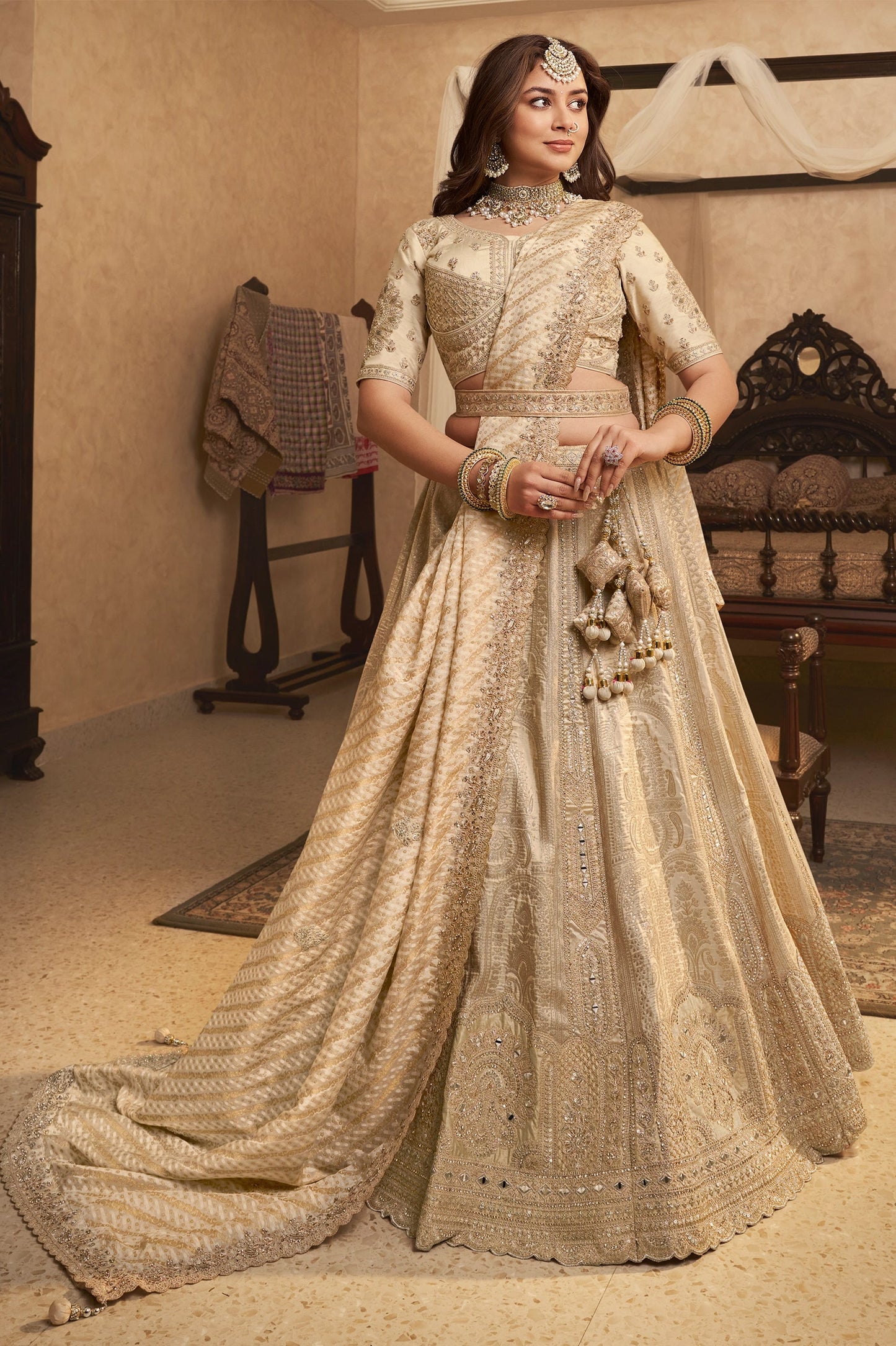 Beige Semi-Stitched Banarasi Silk Lehenga-SAR11699_1_SareeButa.com