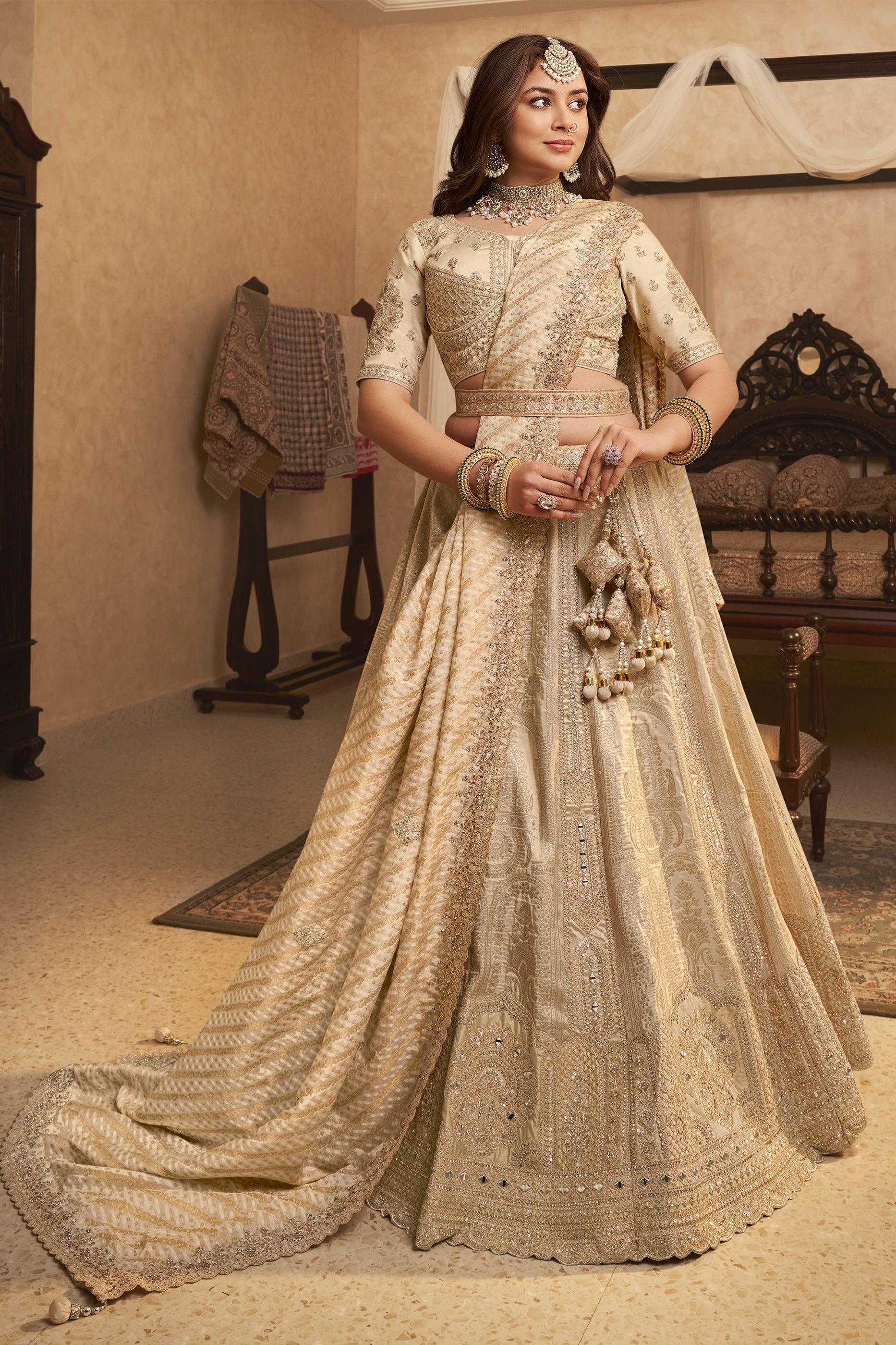 Beige Semi-Stitched Banarasi Silk Lehenga-SAR11699_1_SareeButa.com