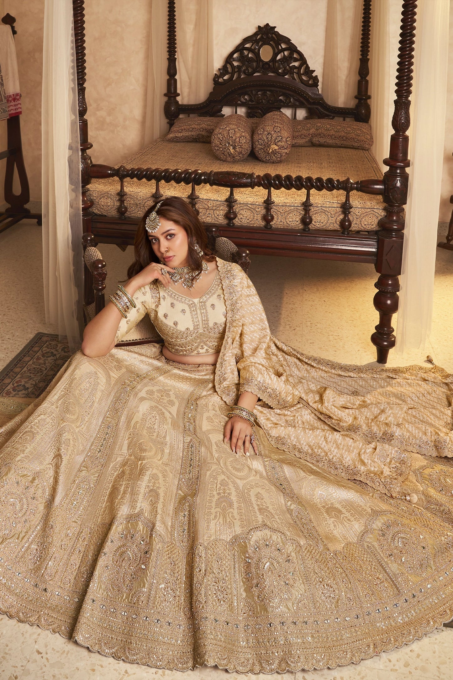 Beige Semi-Stitched Banarasi Silk Lehenga-SAR11699_3_SareeButa.com