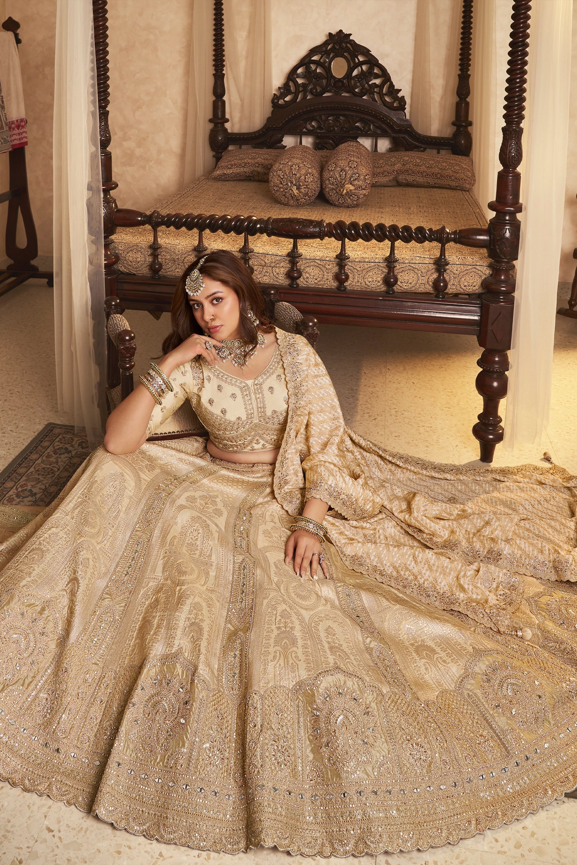 Beige Semi-Stitched Banarasi Silk Lehenga-SAR11699_3_SareeButa.com