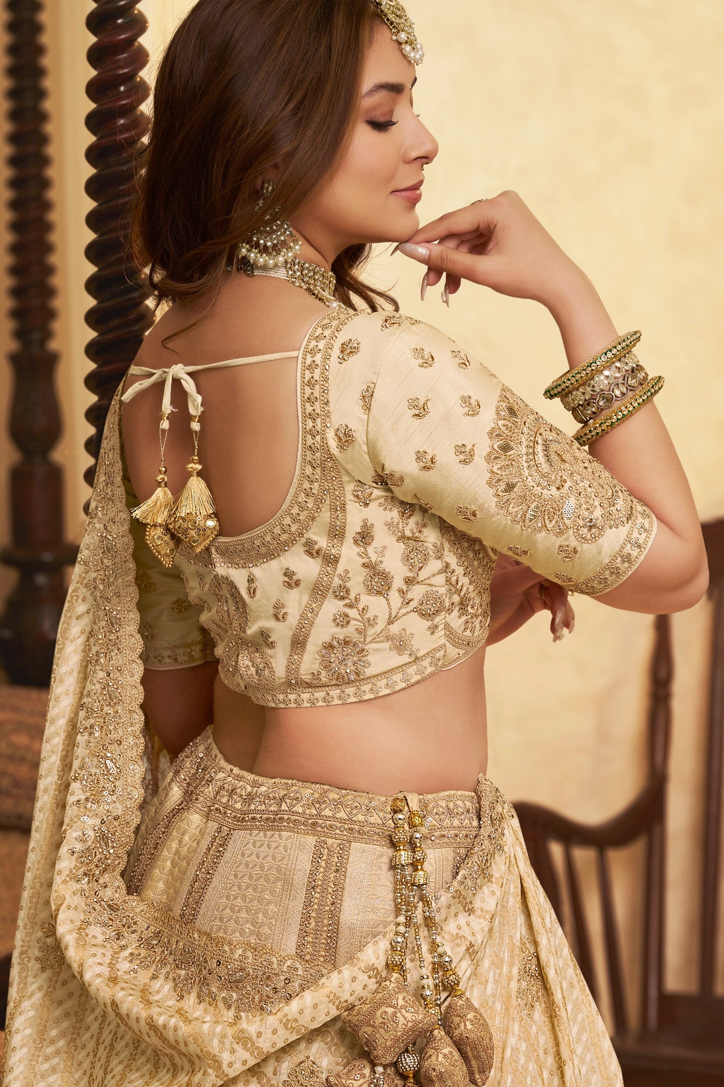 Beige Semi-Stitched Banarasi Silk Lehenga-SAR11699_4_SareeButa.com