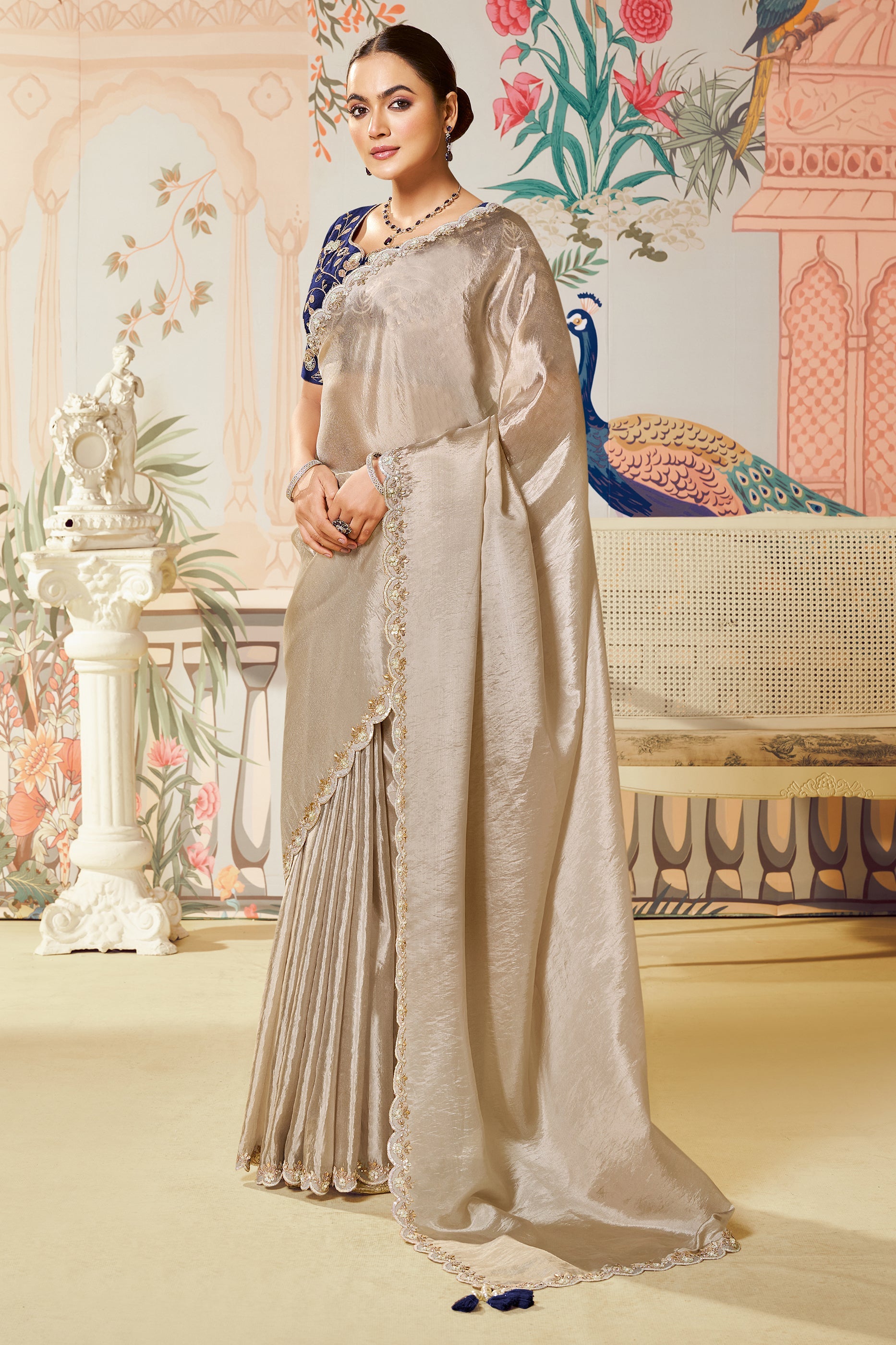 Beige Sequined Tussar Silk Saree-SAR10464_1_SareeButa.com