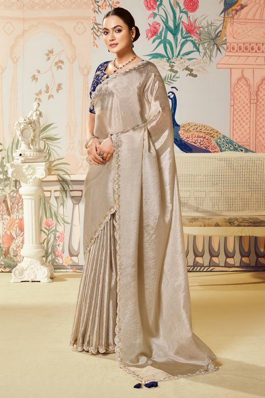 Beige Sequined Tussar Silk Saree-SAR10464_1_SareeButa.com