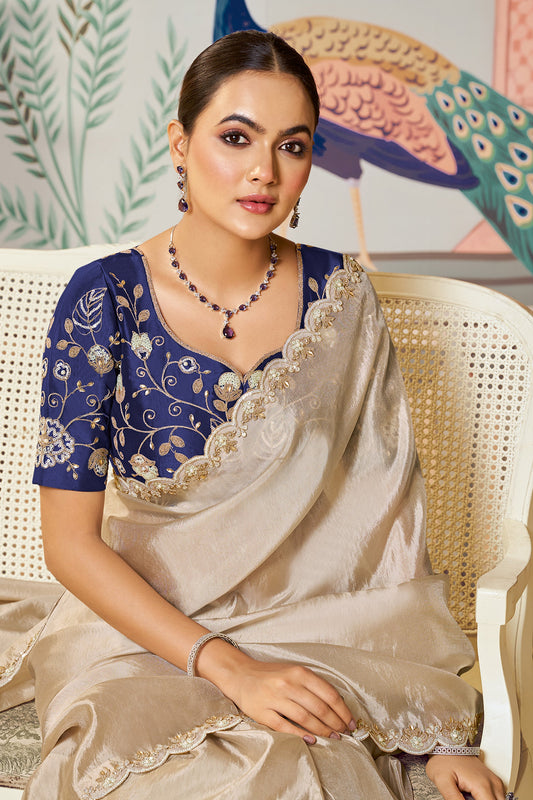 Beige Sequined Tussar Silk Saree-SAR10464_2_SareeButa.com