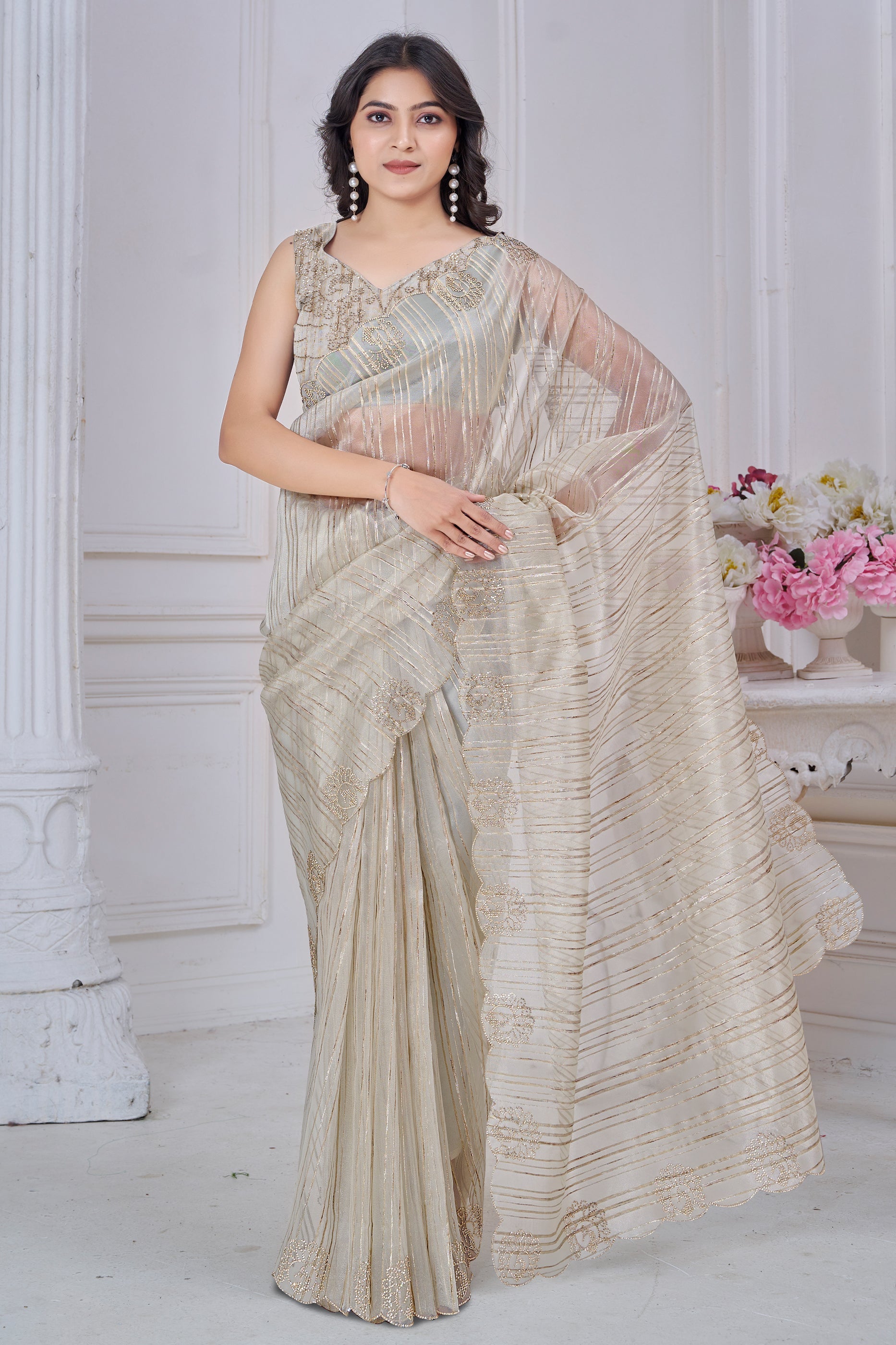 Beige Stone Work Jacquard Saree-SAR10738_1_SareeButa.com
