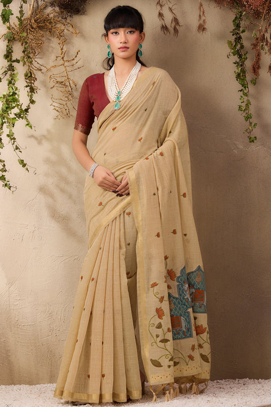 Beige Woven Munga Cotton Saree-SAR11219_1_SareeButa.com