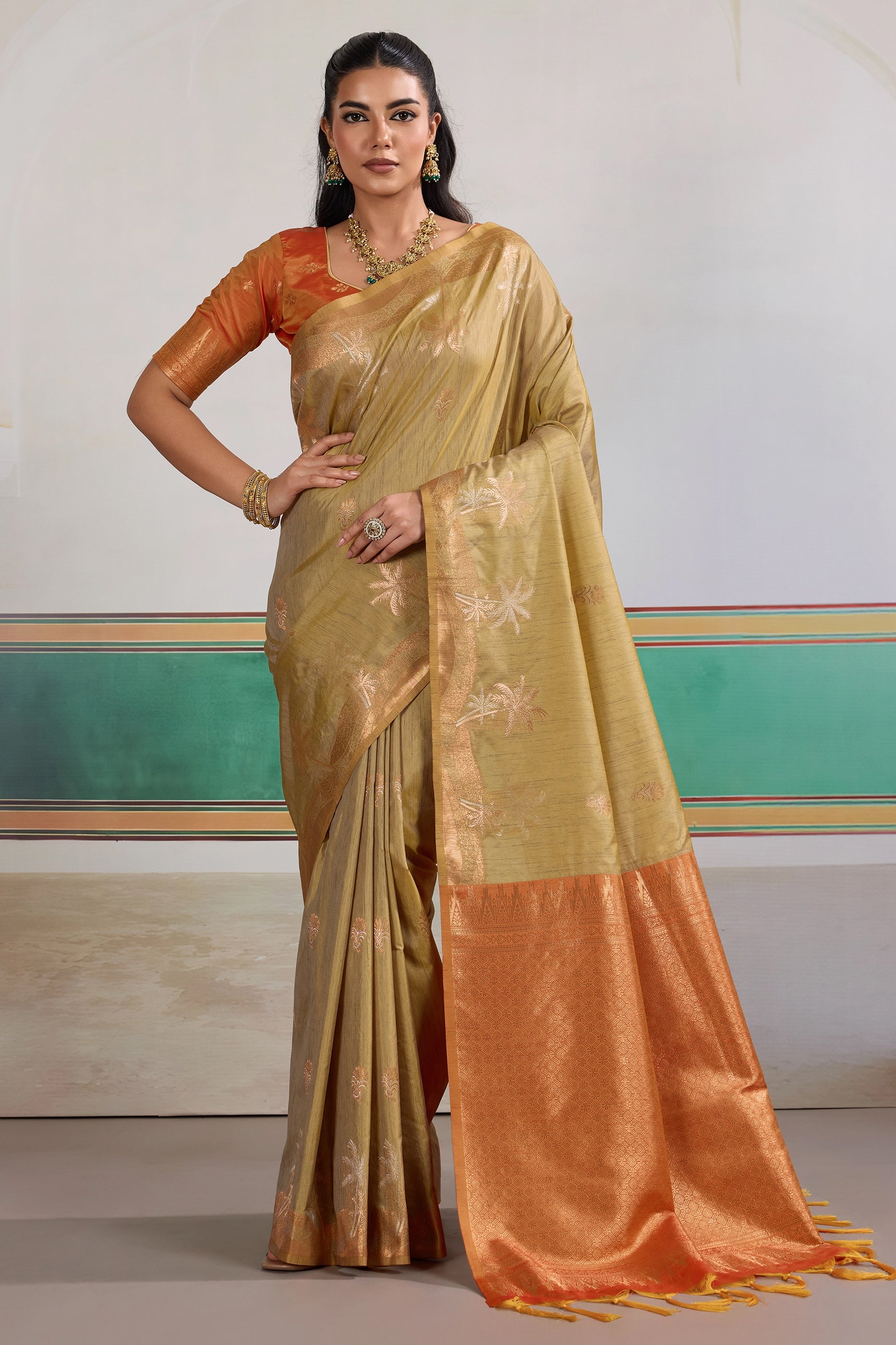 Beige Woven Tussar Silk Saree-SAR11200_1_SareeButa.com