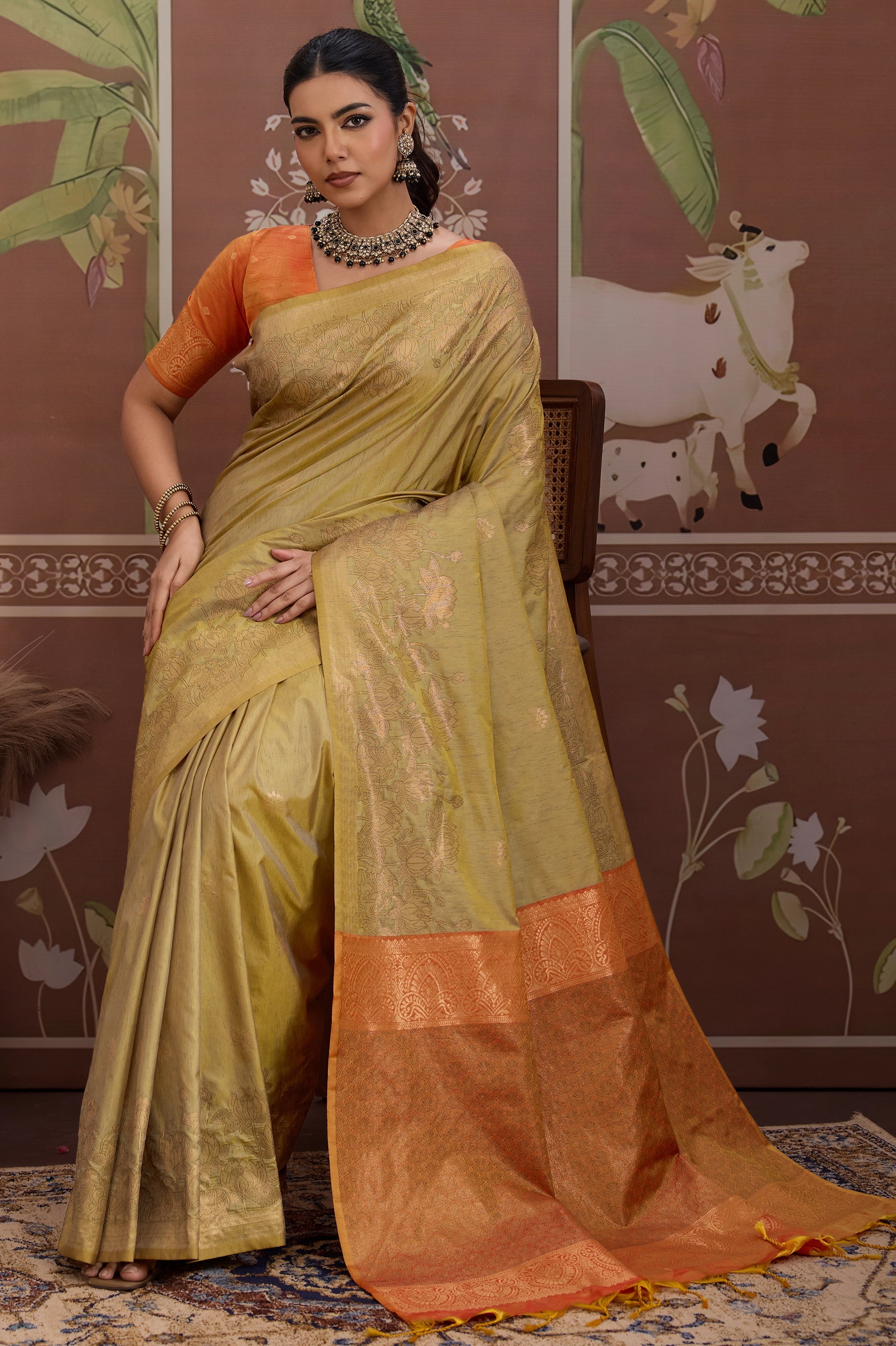 Beige Woven Tussar Silk Saree-SAR12310_3_SareeButa.com