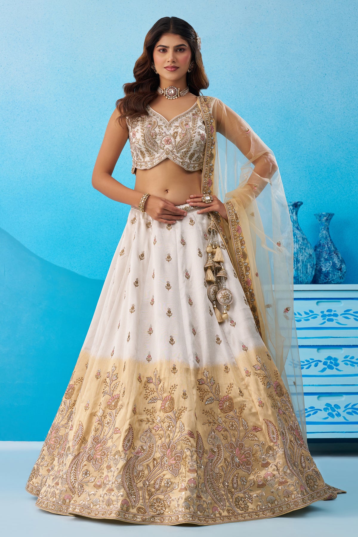 Beige and Cream Readymade Embroidered Tissue Lehenga-SAR12899_1_SareeButa.com