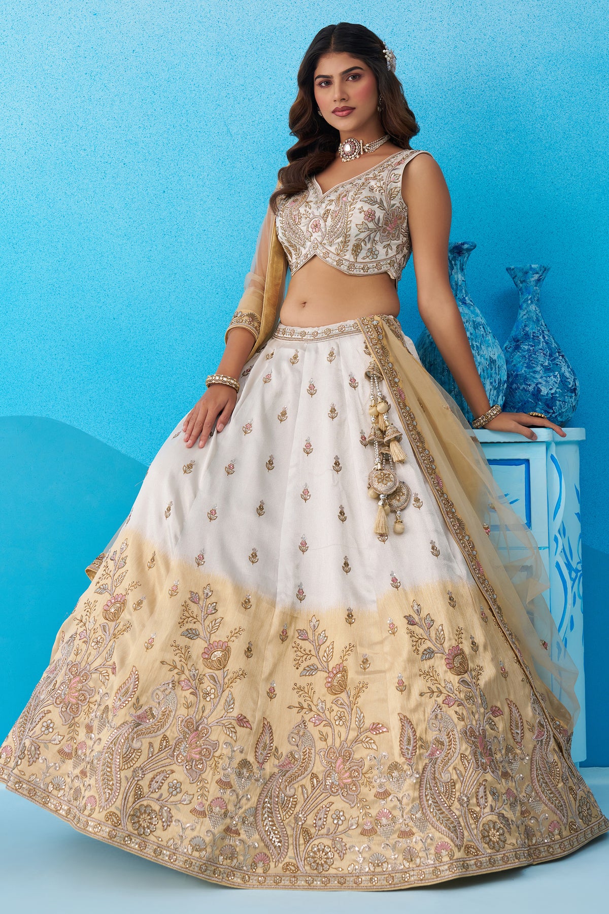 Beige and Cream Readymade Embroidered Tissue Lehenga-SAR12899_4_SareeButa.com
