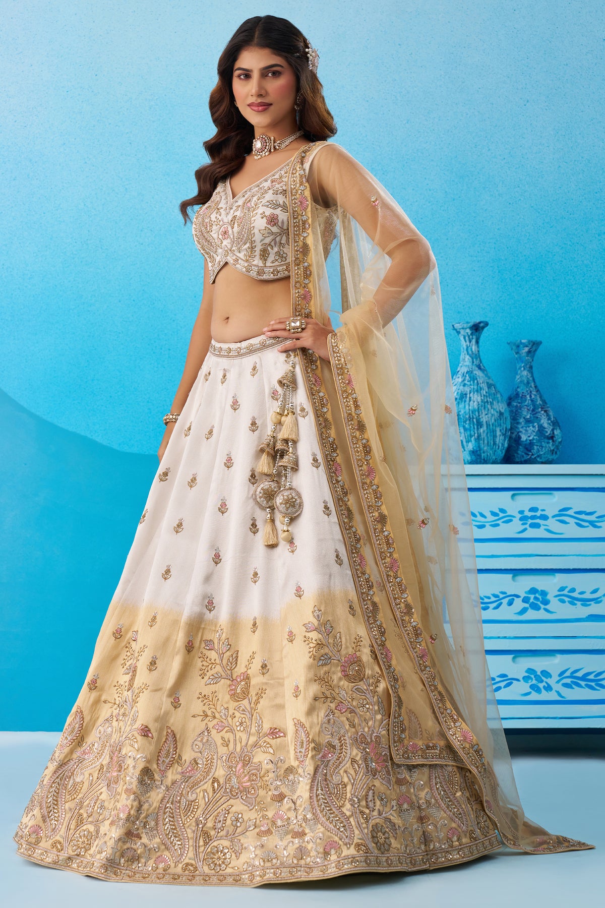 Beige and Cream Readymade Embroidered Tissue Lehenga-SAR12899_5_SareeButa.com