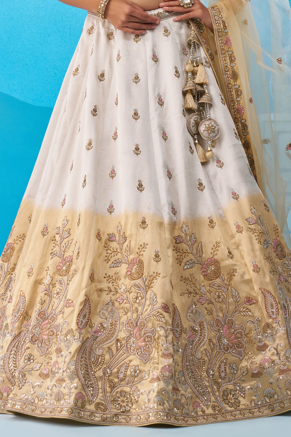 Beige and Cream Readymade Embroidered Tissue Lehenga-SAR12899_7_SareeButa.com