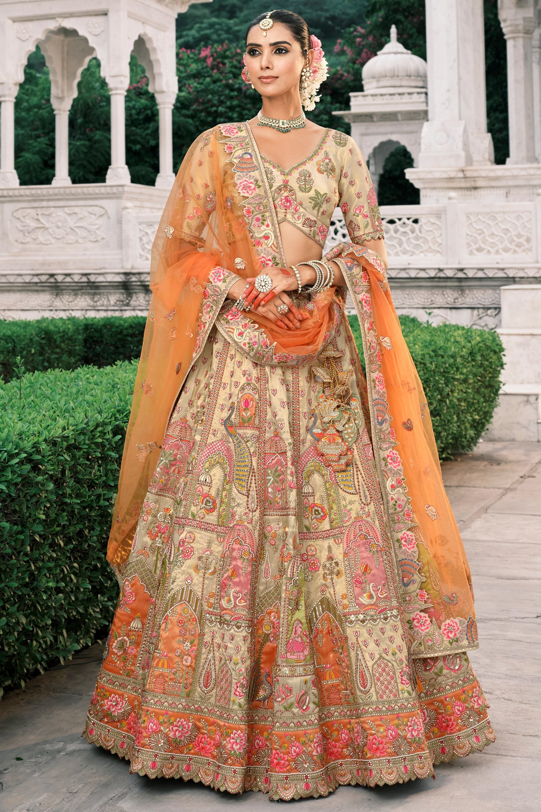 Beige and Orange Semi-Stitched Embroidered Silk Lehenga-SAR10428_1_SareeButa.com