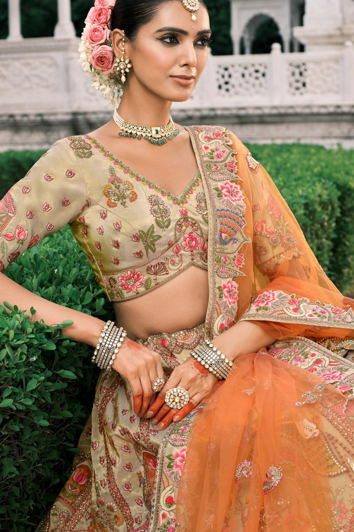 Beige and Orange Semi-Stitched Embroidered Silk Lehenga-SAR10428_2_SareeButa.com