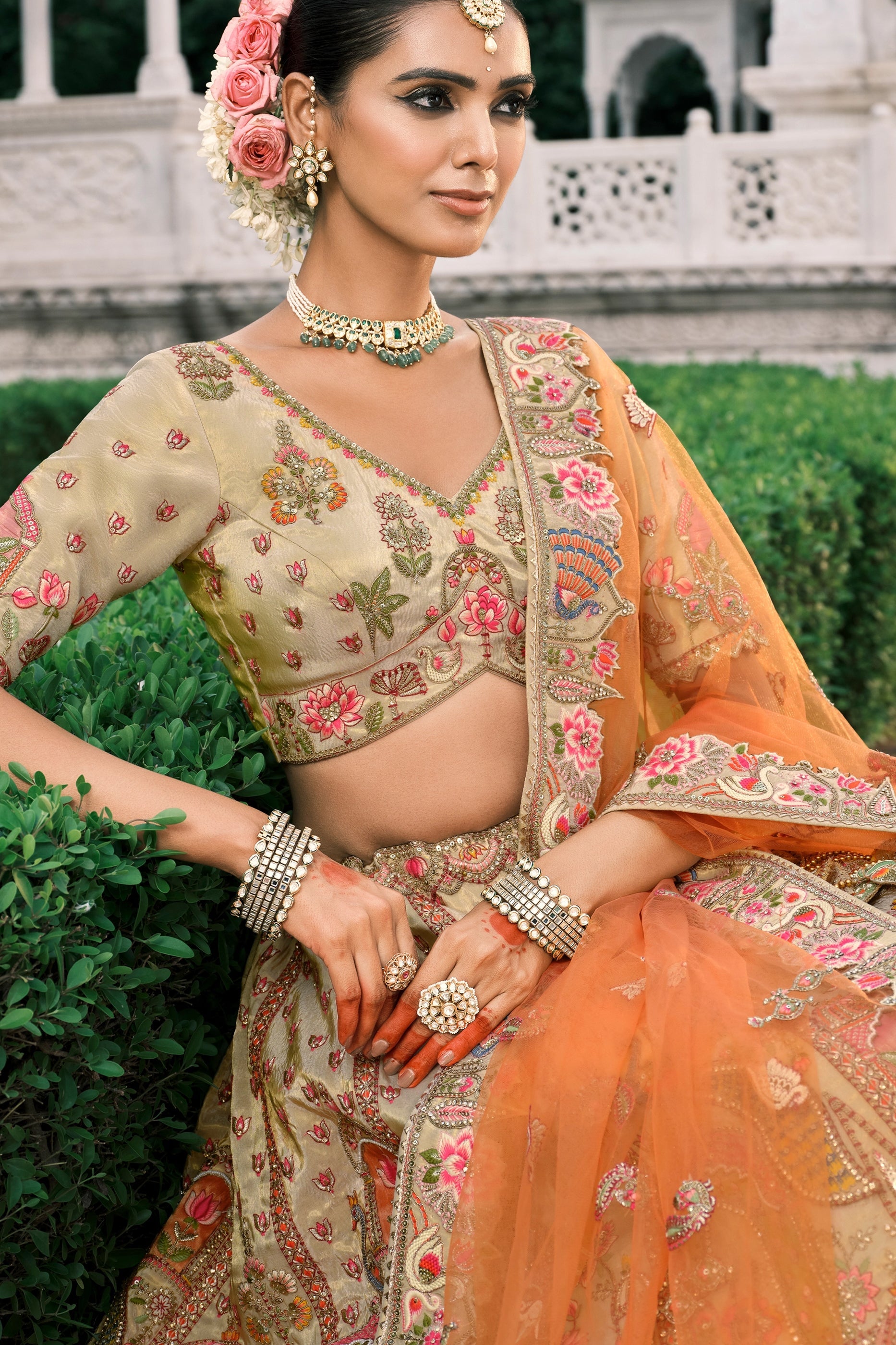 Beige and Orange Semi-Stitched Embroidered Silk Lehenga-SAR10428_2_SareeButa.com