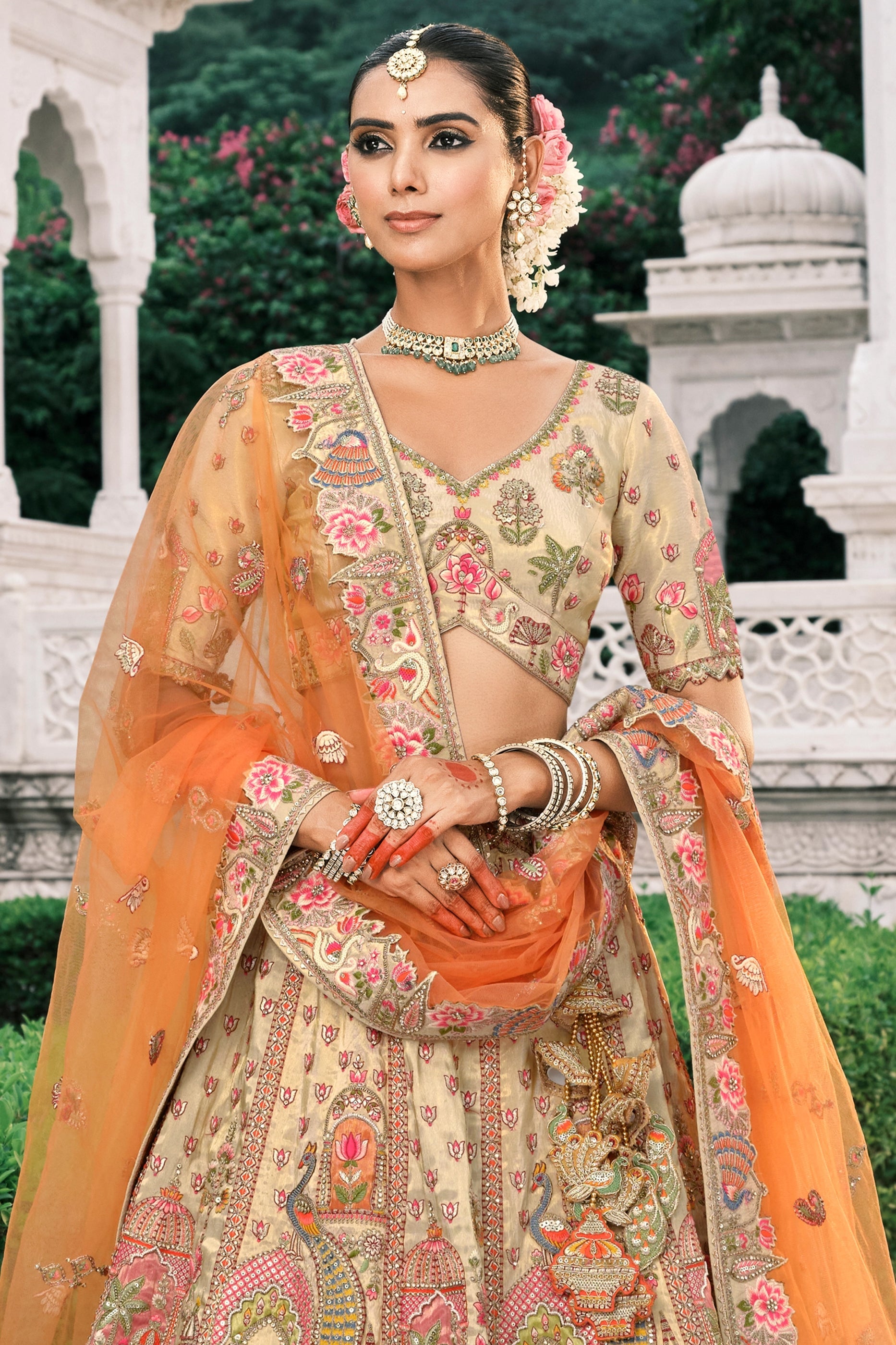 Beige and Orange Semi-Stitched Embroidered Silk Lehenga-SAR10428_3_SareeButa.com