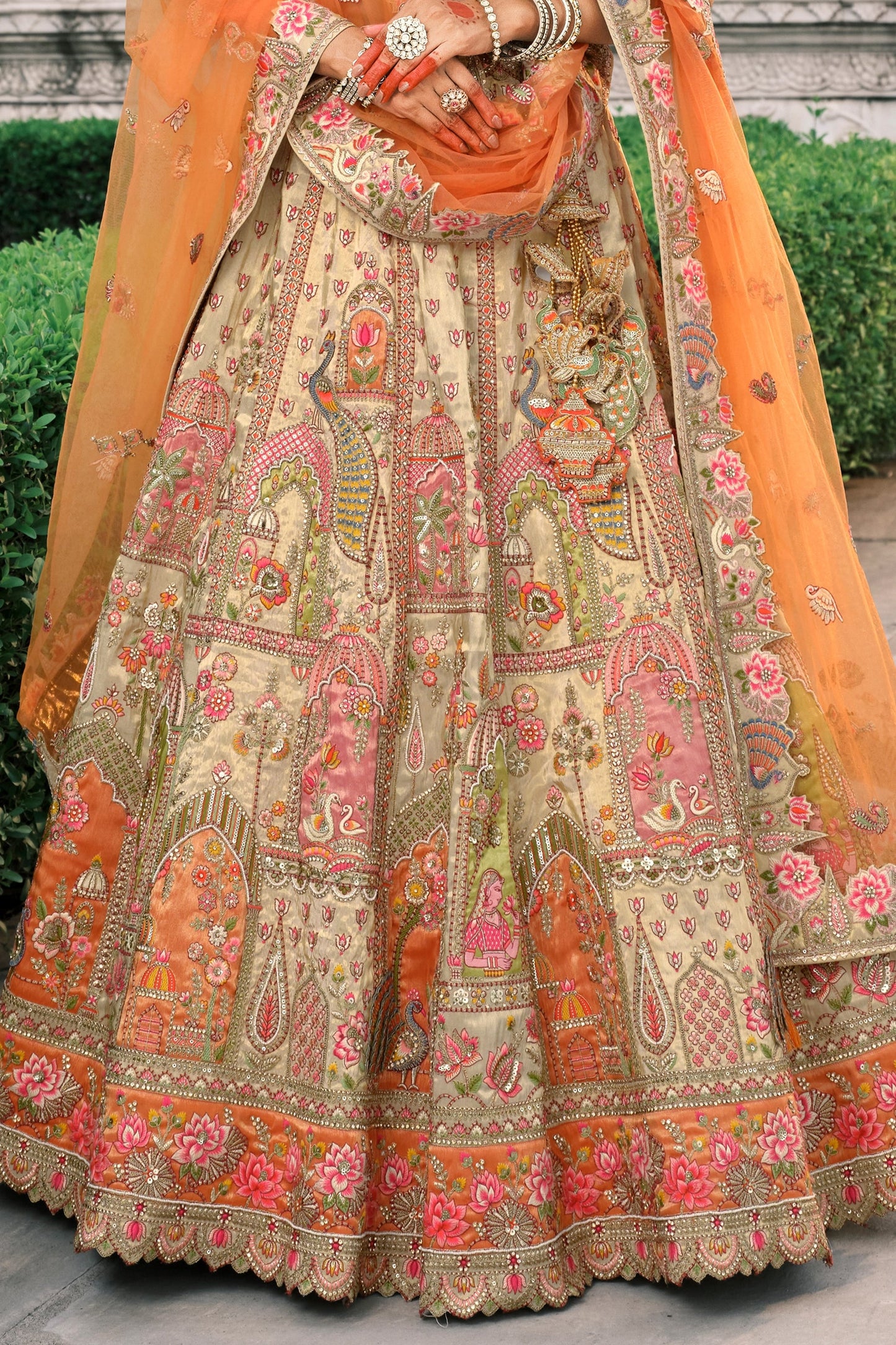 Beige and Orange Semi-Stitched Embroidered Silk Lehenga-SAR10428_4_SareeButa.com