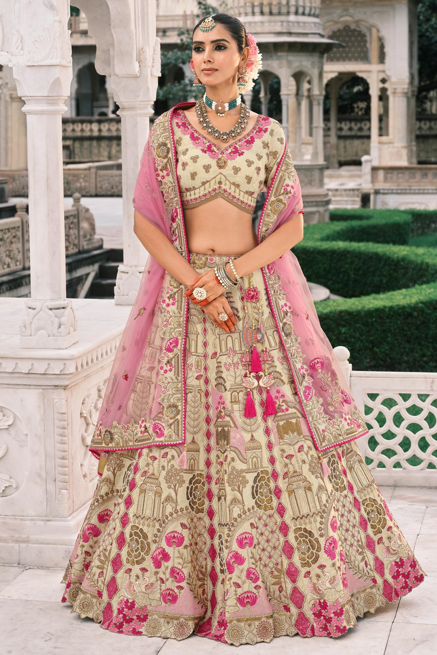 Beige and Pink Semi-Stitched Embroidered Silk Lehenga-SAR10432_1_SareeButa.com
