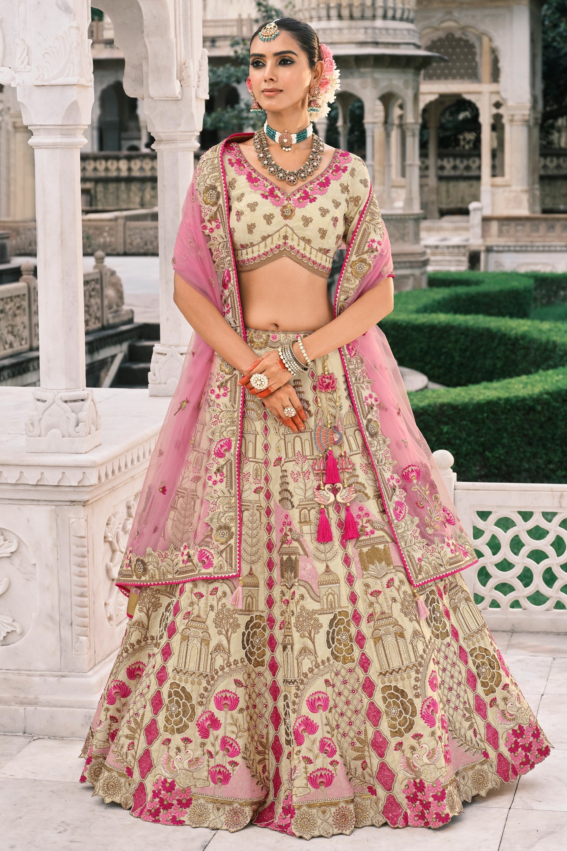 Beige and Pink Semi-Stitched Embroidered Silk Lehenga-SAR10432_1_SareeButa.com