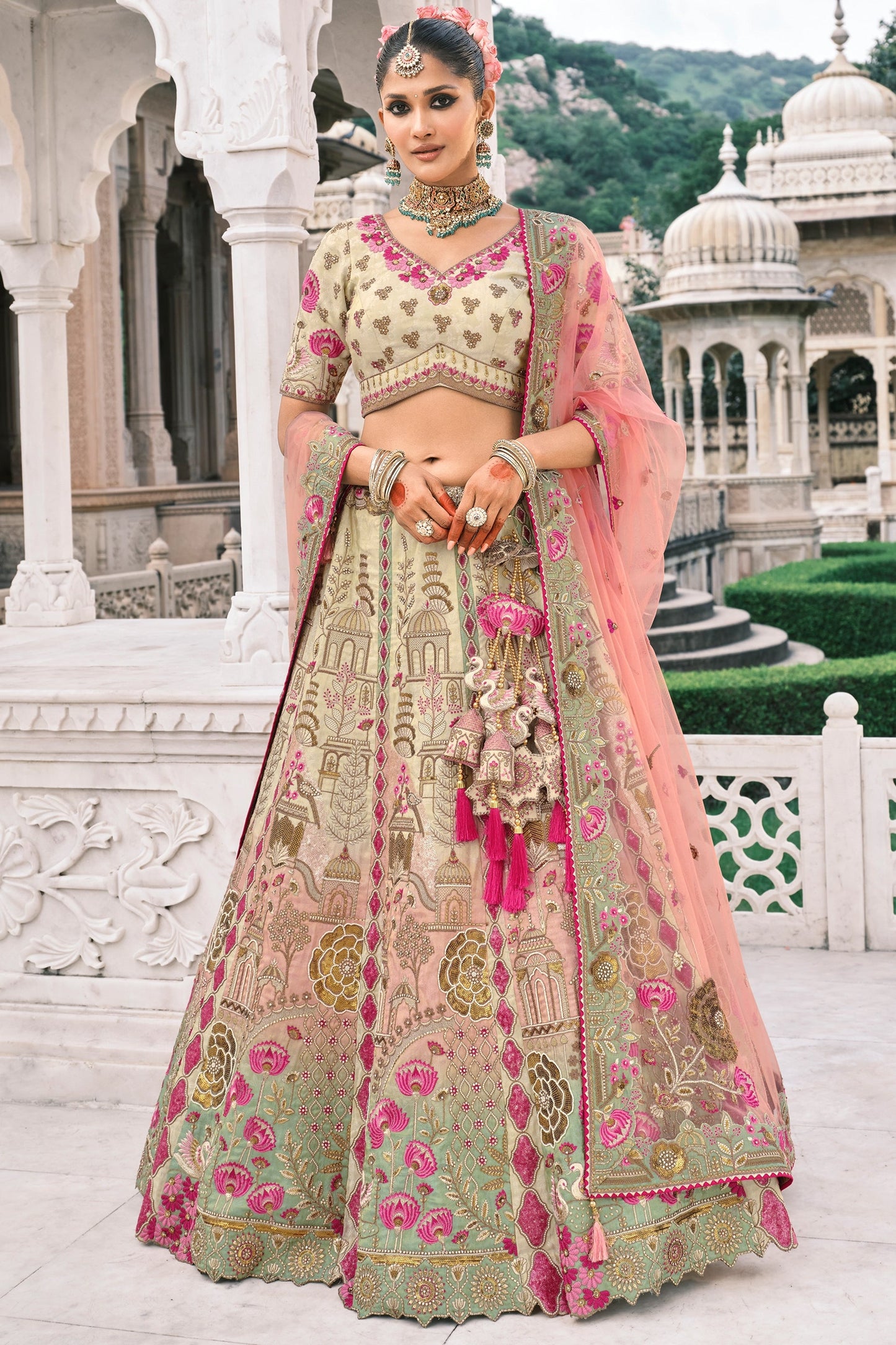 Beige and Pink Semi-Stitched Embroidered Silk Lehenga-SAR10433_1_SareeButa.com