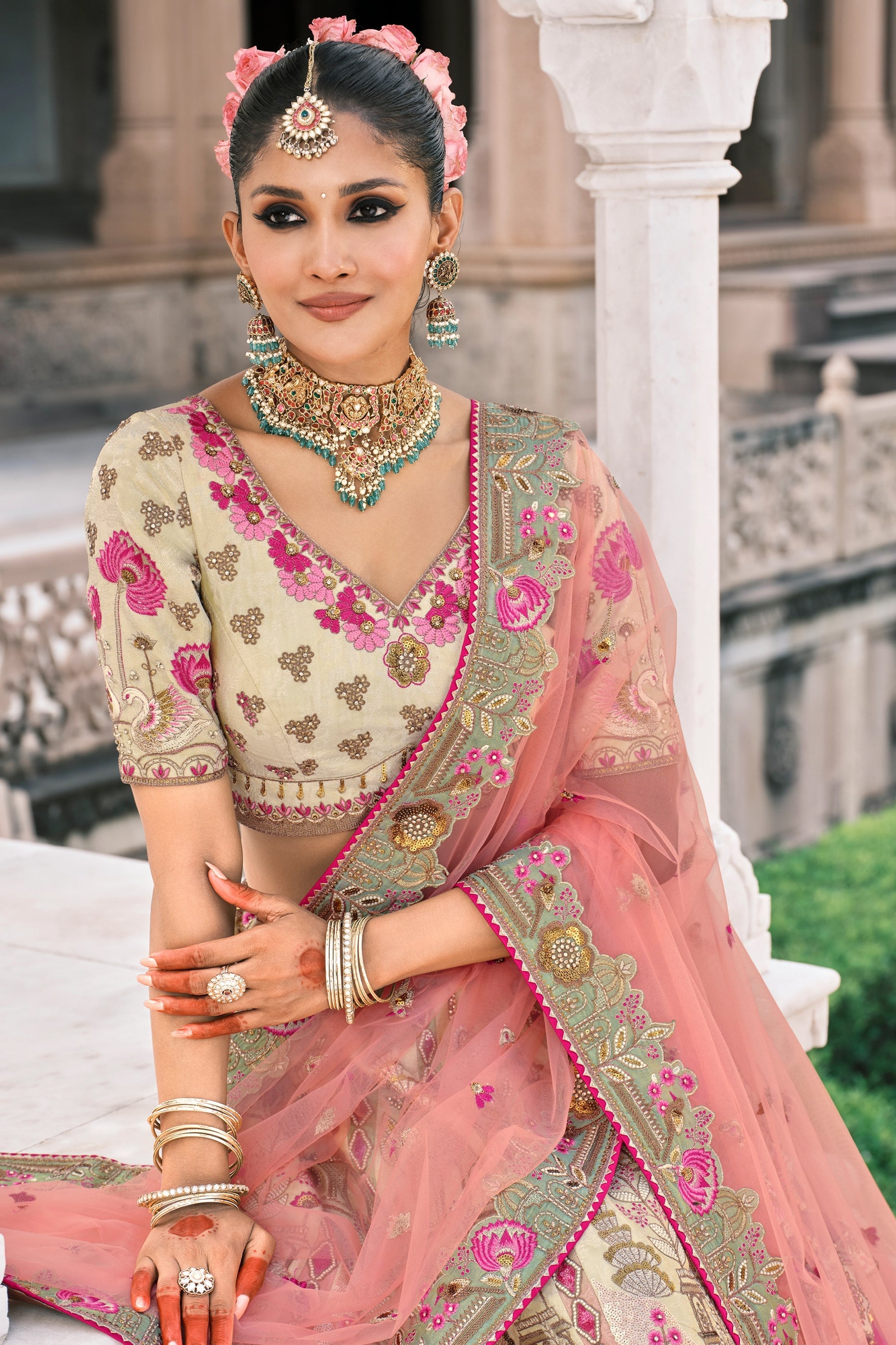 Beige and Pink Semi-Stitched Embroidered Silk Lehenga-SAR10433_2_SareeButa.com