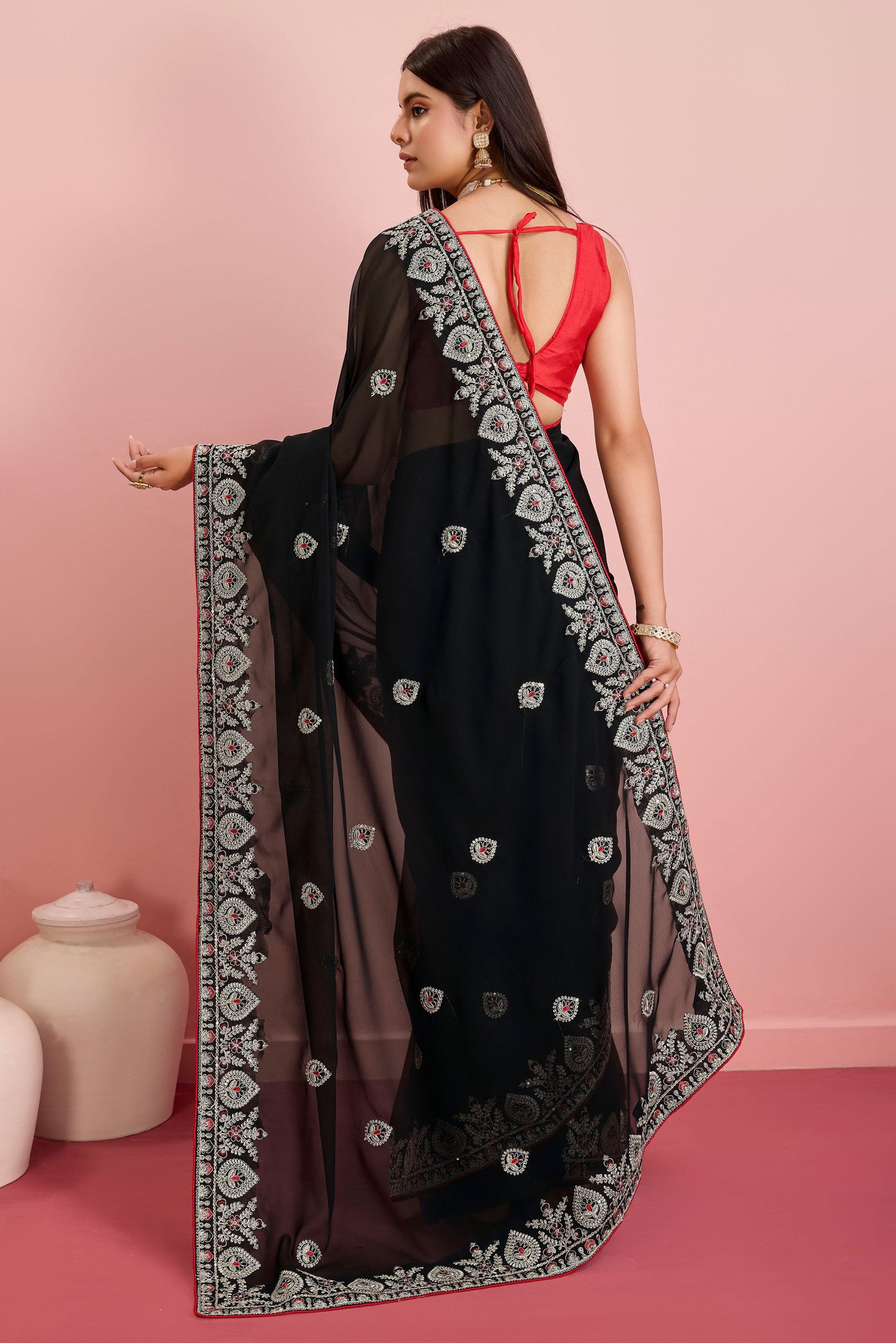 Black Embroidered Georgette Saree-ZB131410_2