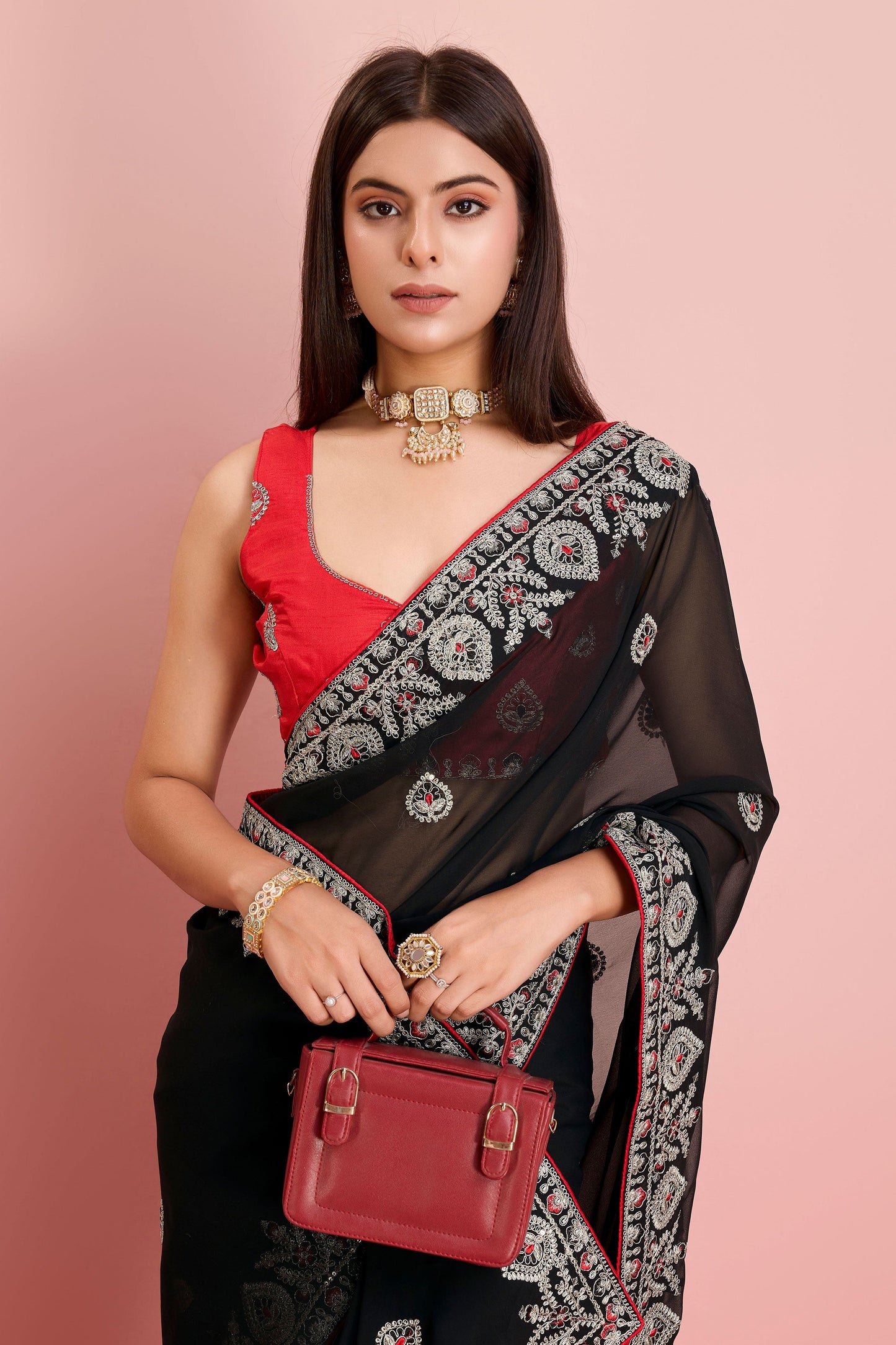 Black Embroidered Georgette Saree-ZB131410_3