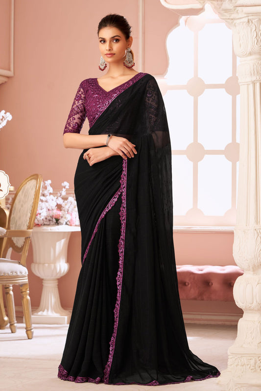 Black Embroidered Georgette Saree-ZB133960_1_SareeButa.com