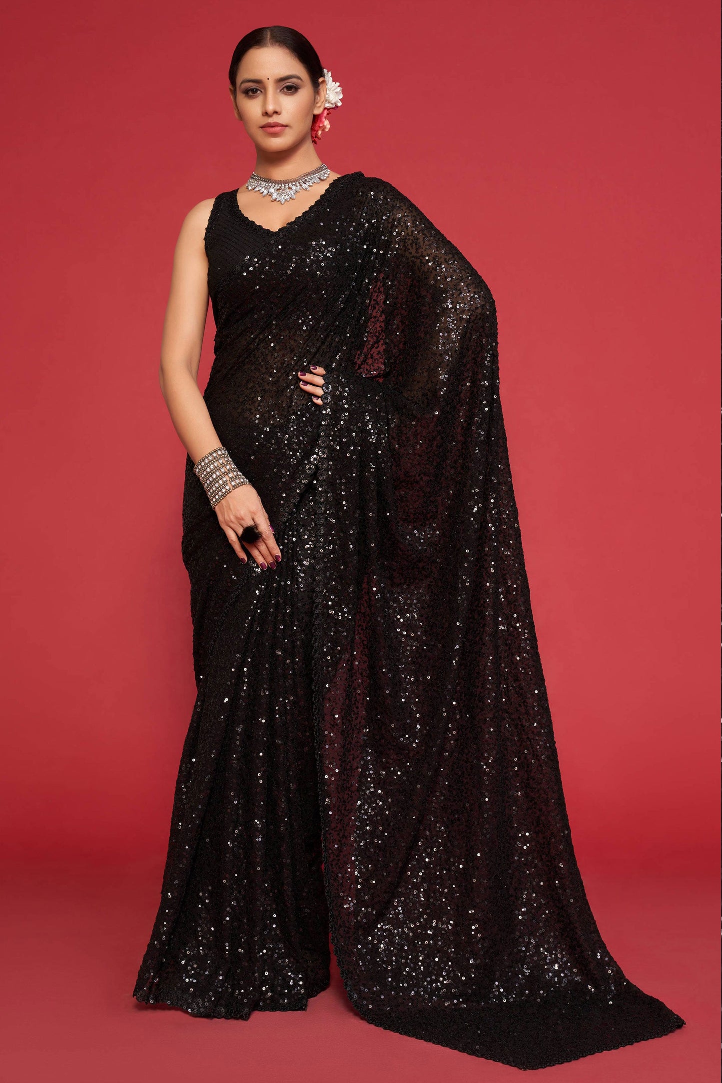 Black Georgette Sequin Saree-ZB133263_1_SareeButa.com