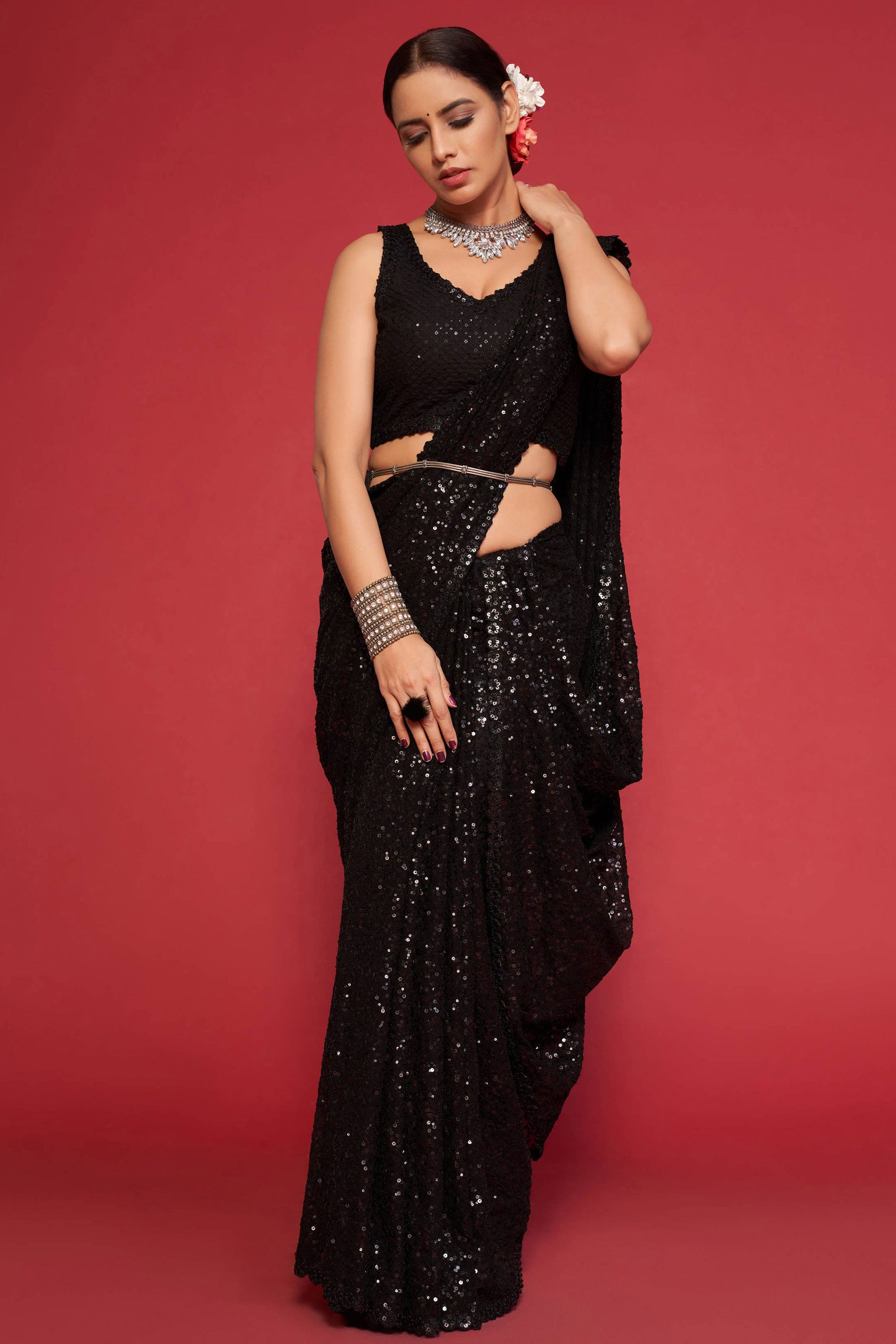 Black Georgette Sequin Saree-ZB133263_3_SareeButa.com