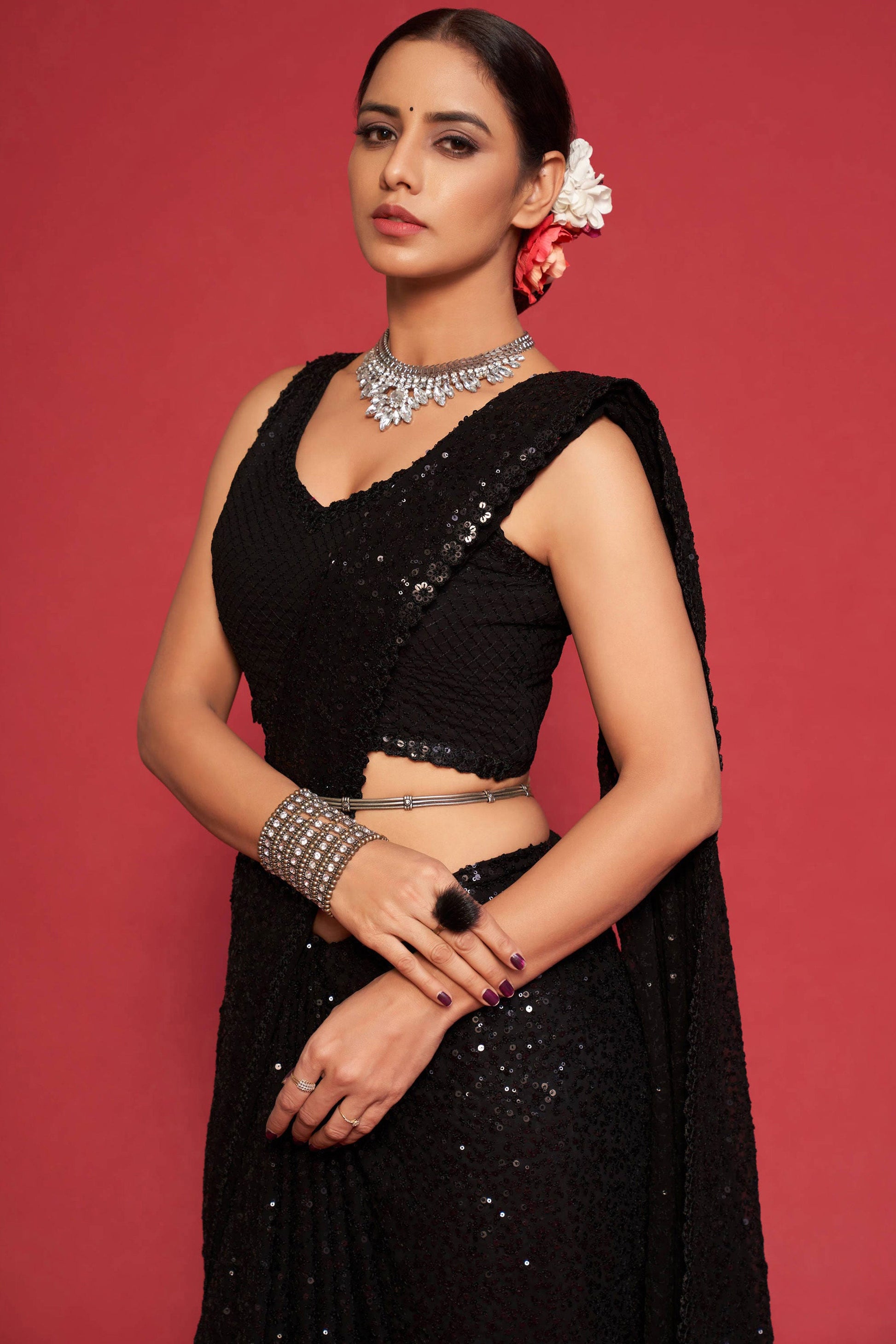 Black Georgette Sequin Saree-ZB133263_4_SareeButa.com