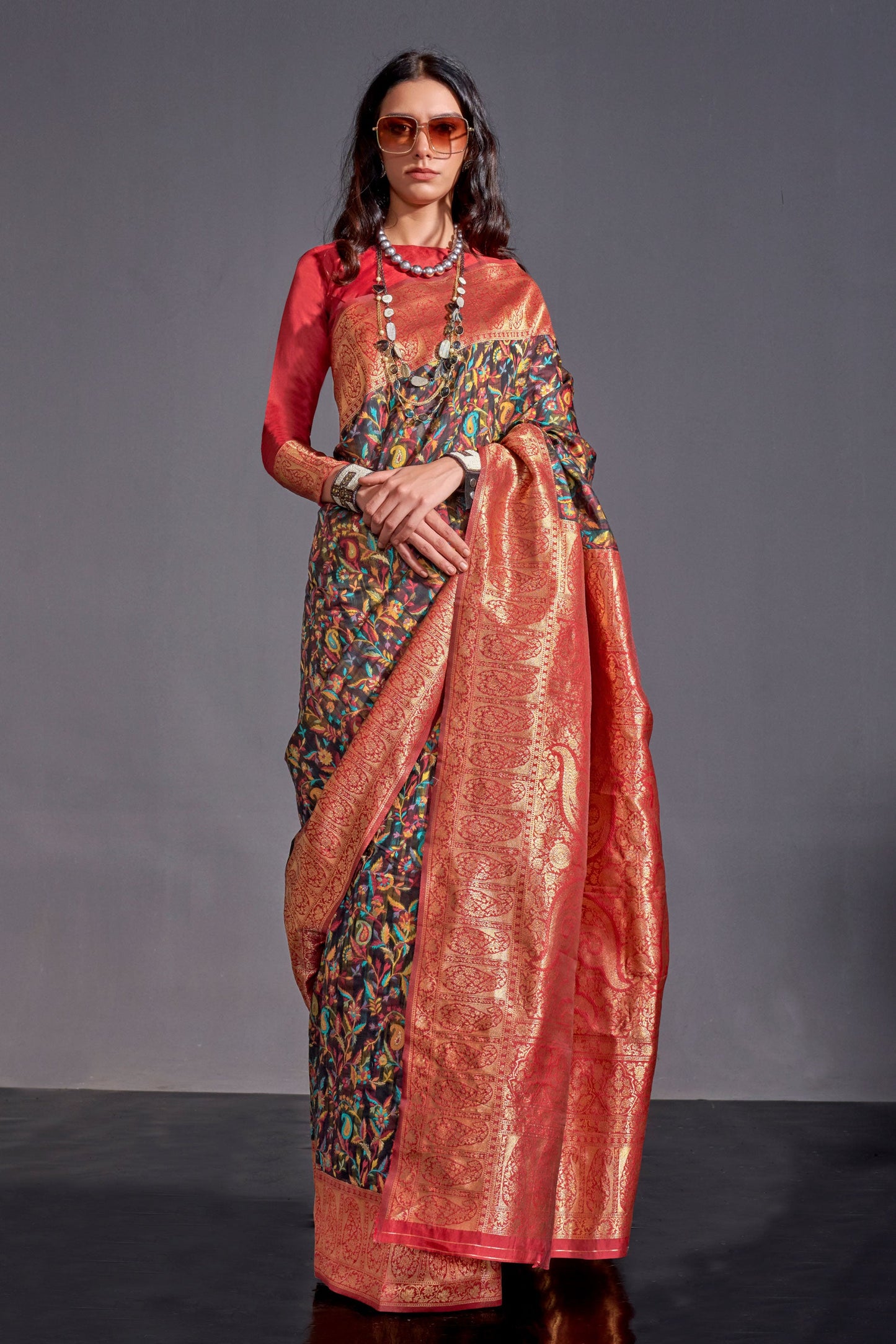 Black Kashmiri Jamewar Silk Saree-ZB140553_1