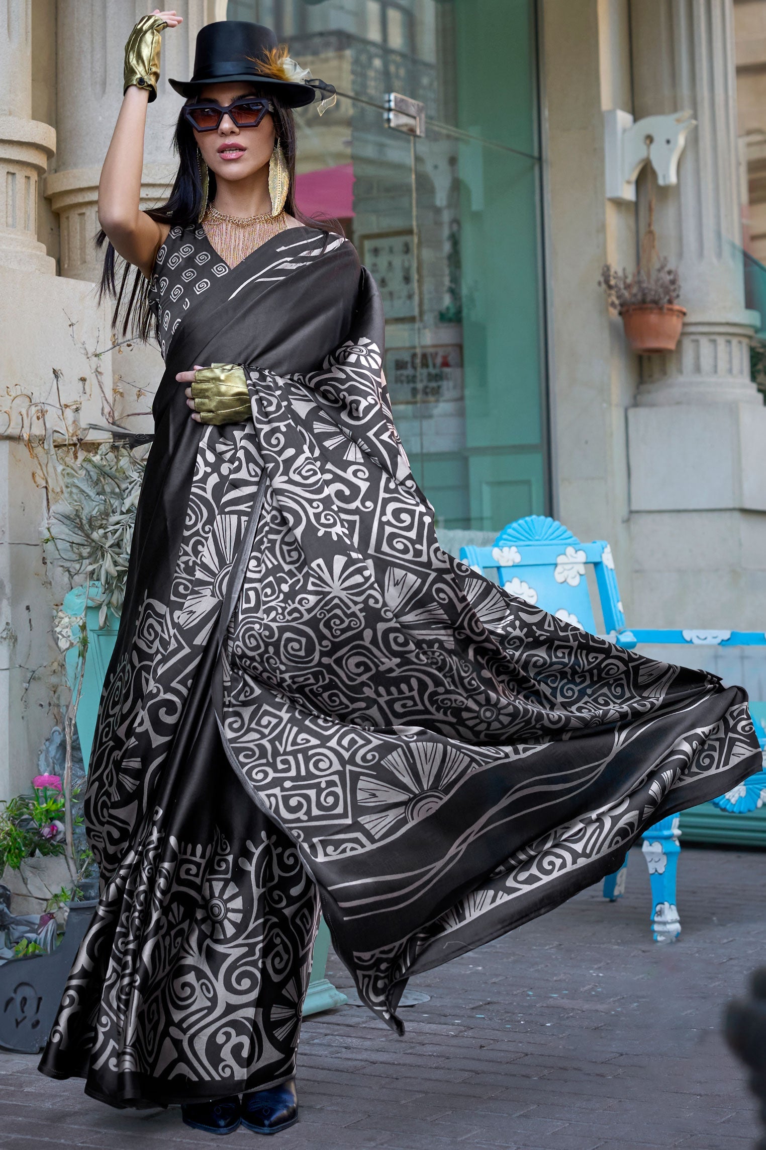 Black Printed Crepe Saree-ZB133000_1