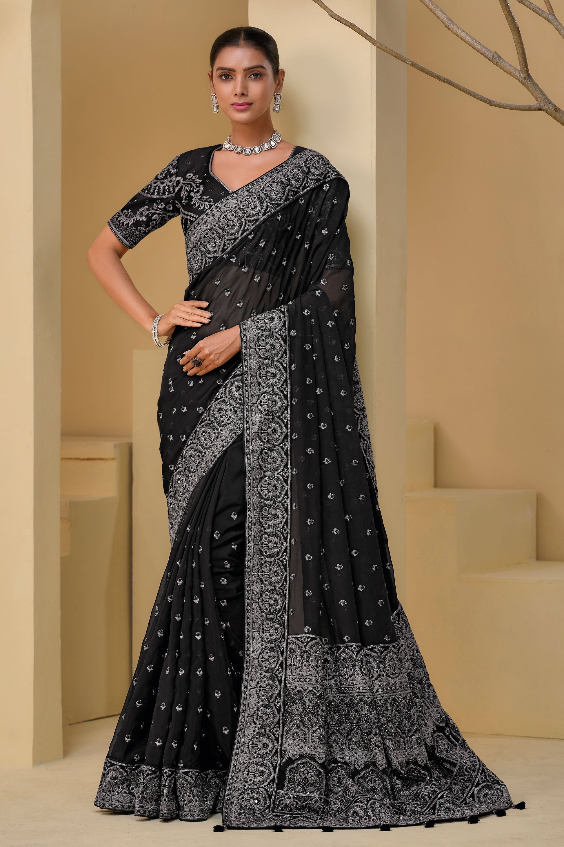 Black Pure Banarasi Tuscany Saree-ZB132786_1