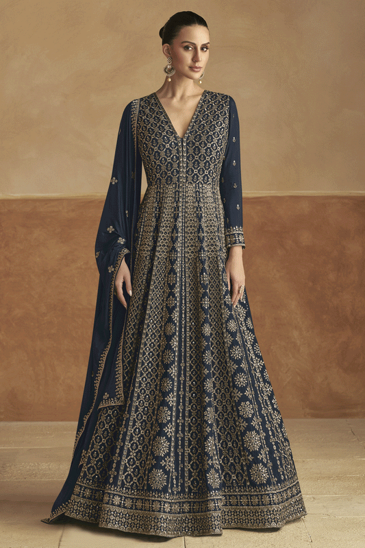 Charcoal Grey Readymade Chinon Gown with Dupatta-SS430_1_SareeButa.com