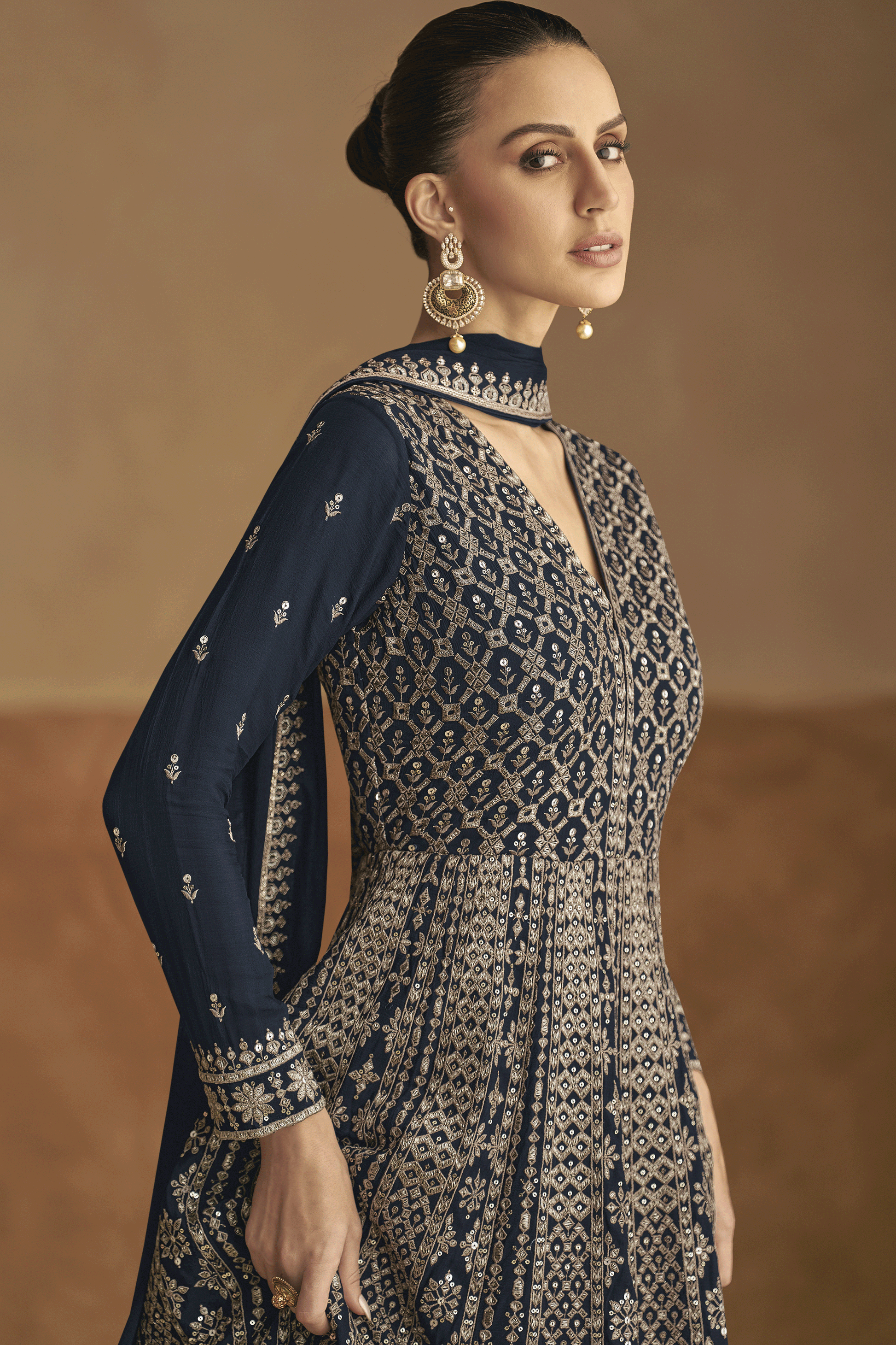 Charcoal Grey Readymade Chinon Gown with Dupatta-SS430_2_SareeButa.com