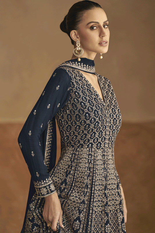 Charcoal Grey Readymade Chinon Gown with Dupatta-SS430_2_SareeButa.com
