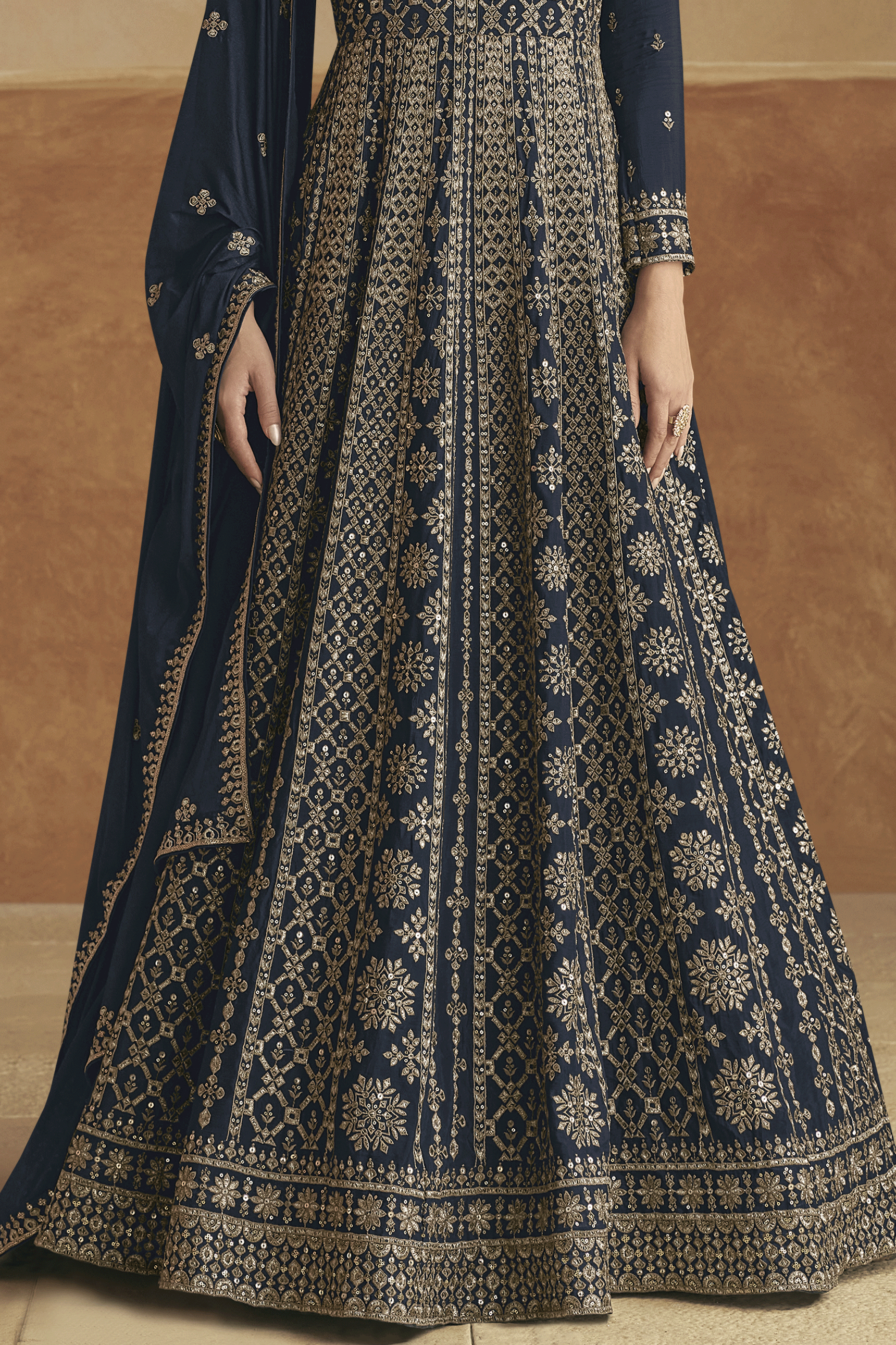 Charcoal Grey Readymade Chinon Gown with Dupatta-SS430_3_SareeButa.com
