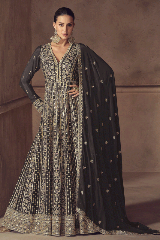 Black Readymade Chinon Gown with Dupatta-SS801_1_SareeButa.com