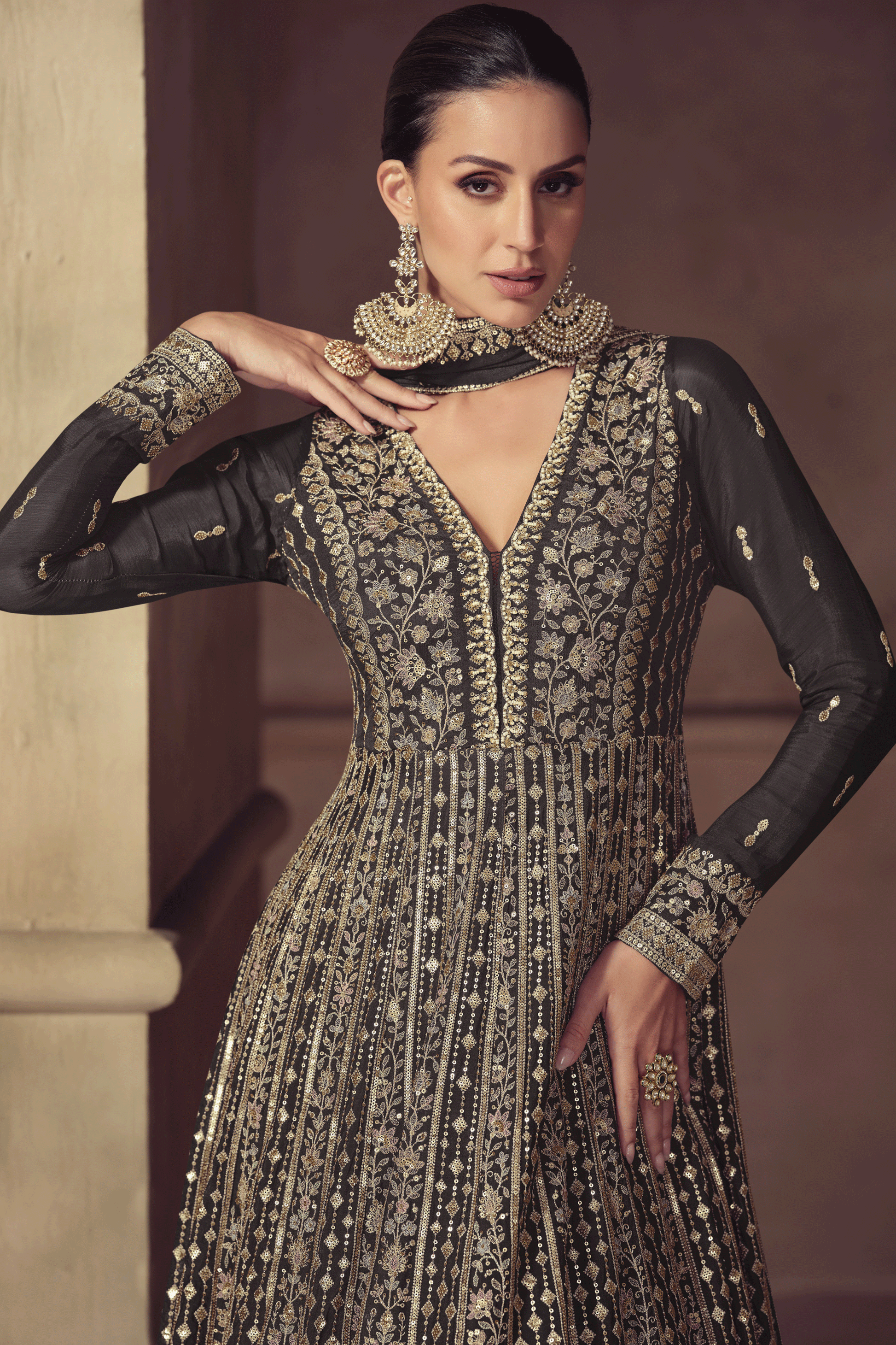 Black Readymade Chinon Gown with Dupatta-SS801_2_SareeButa.com