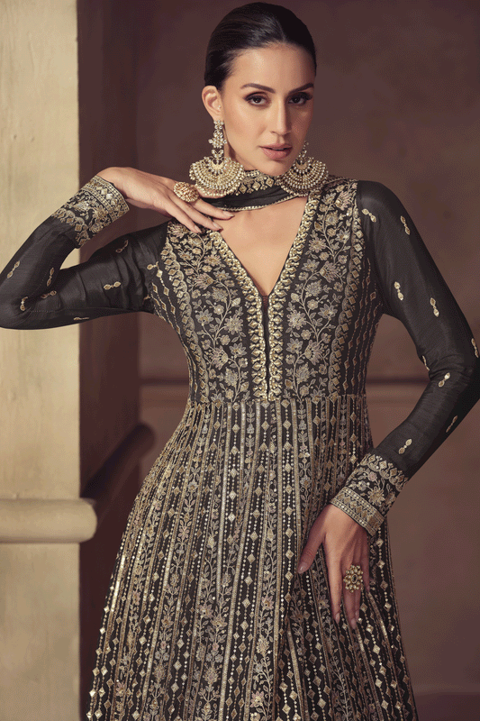 Black Readymade Chinon Gown with Dupatta-SS801_2_SareeButa.com