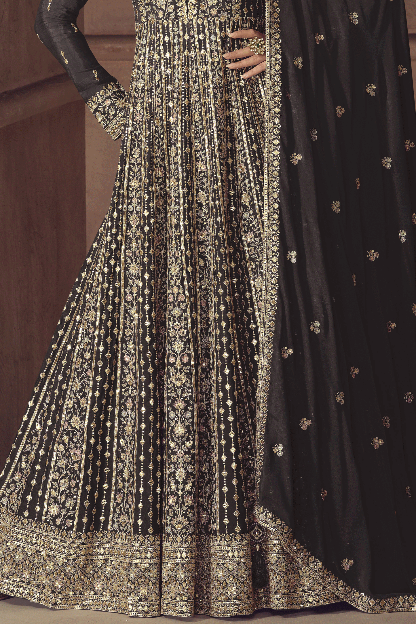 Black Readymade Chinon Gown with Dupatta-SS801_3_SareeButa.com