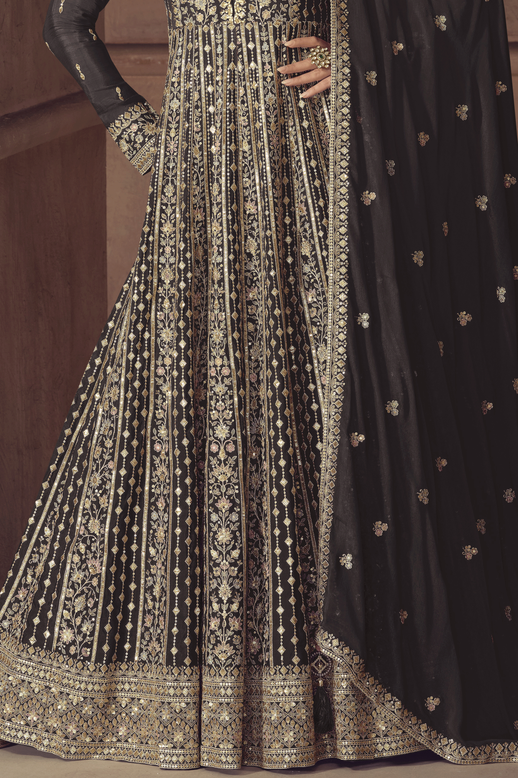 Black Readymade Chinon Gown with Dupatta-SS801_3_SareeButa.com